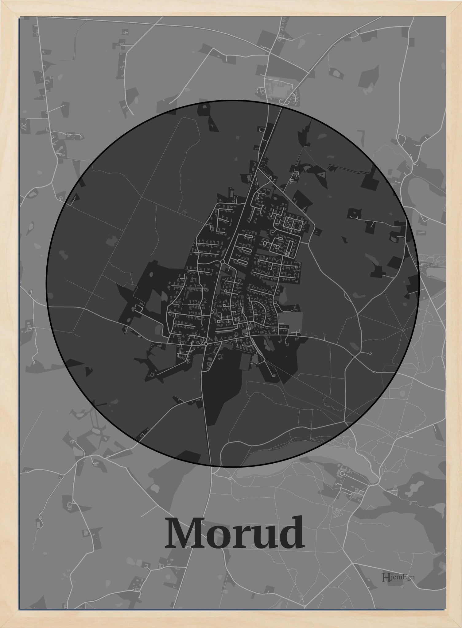 Morud plakat i farve mørk grå og HjemEgn.dk design centrum. Design bykort for Morud