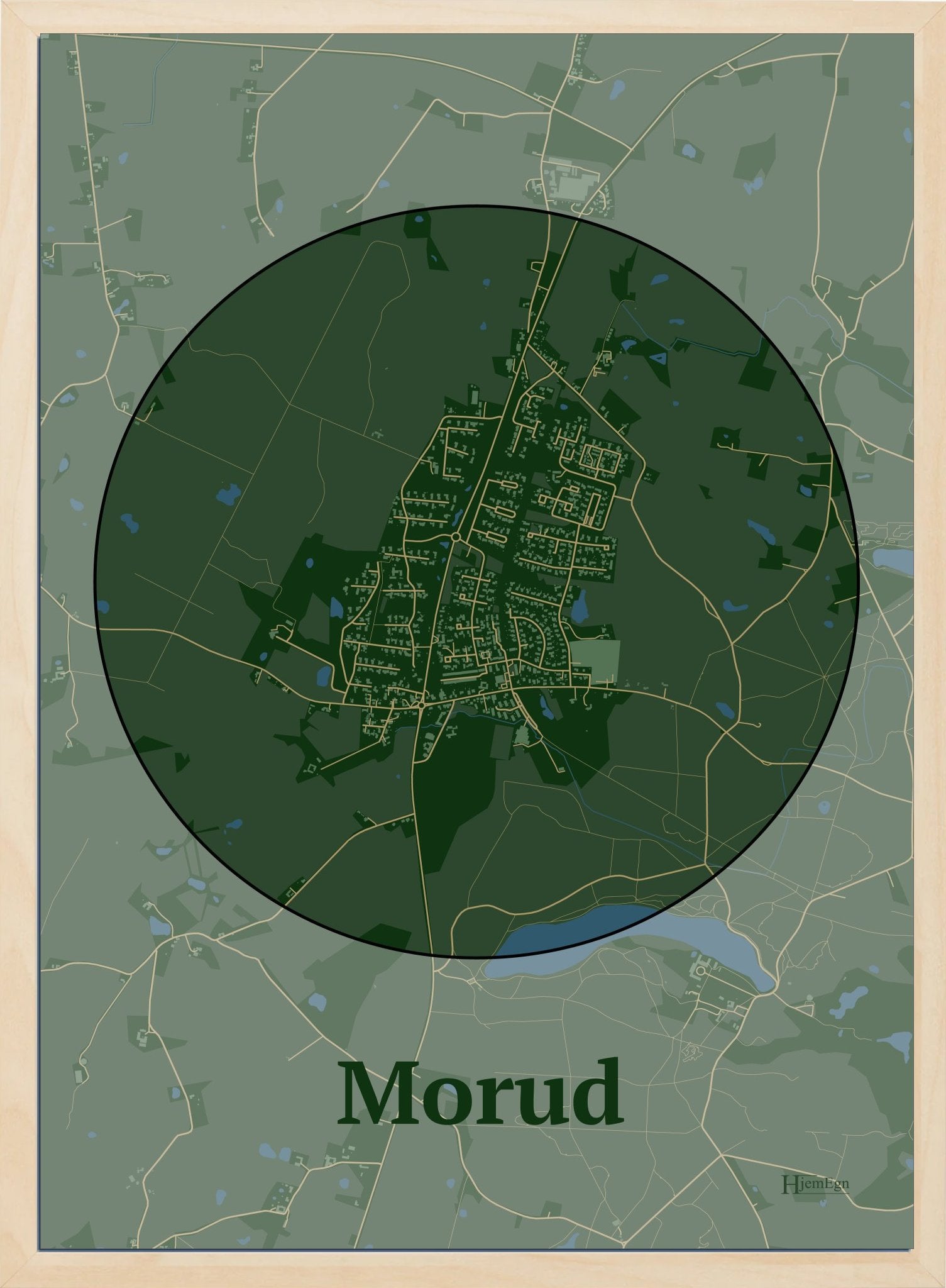 Morud plakat i farve mørk grøn og HjemEgn.dk design centrum. Design bykort for Morud