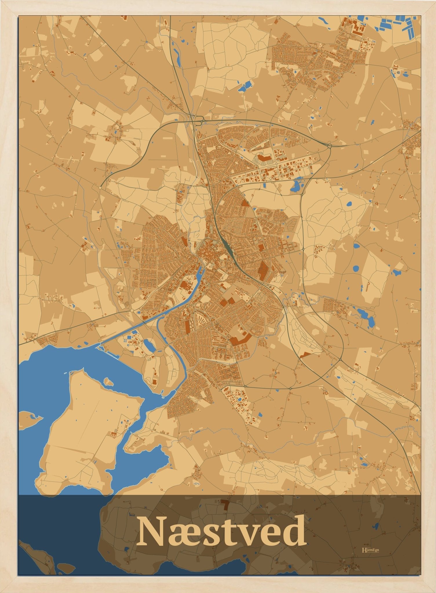 Næstved plakat i pastel brun og HjemEgn.dk design firkantet. Design bykort for Næstved
