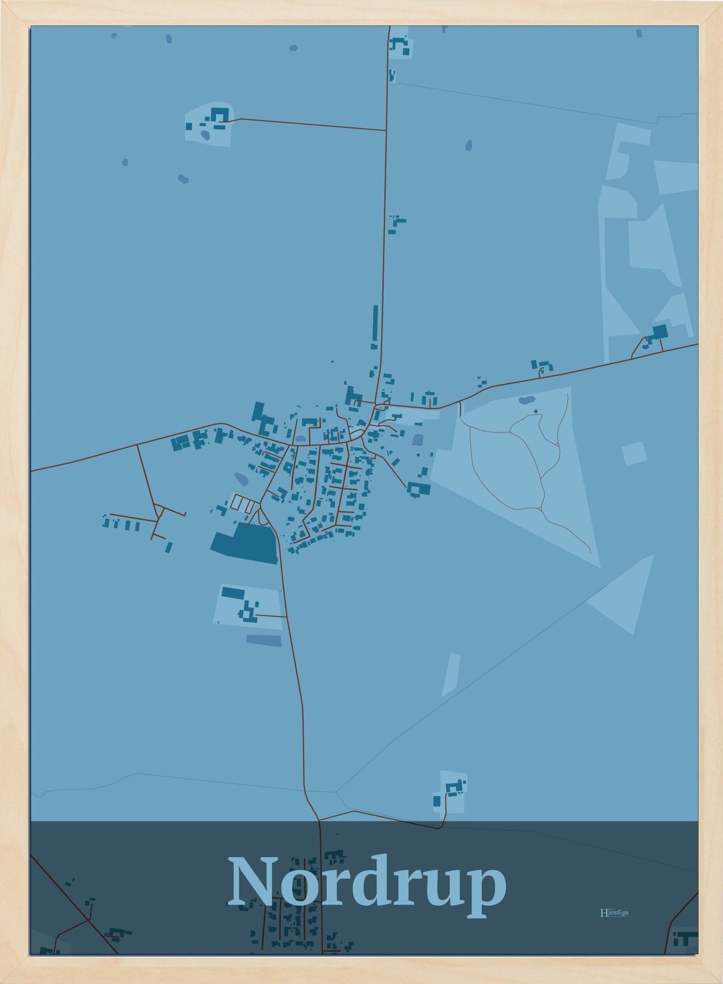 Nordrup plakat i farve pastel blå og HjemEgn.dk design firkantet. Design bykort for Nordrup
