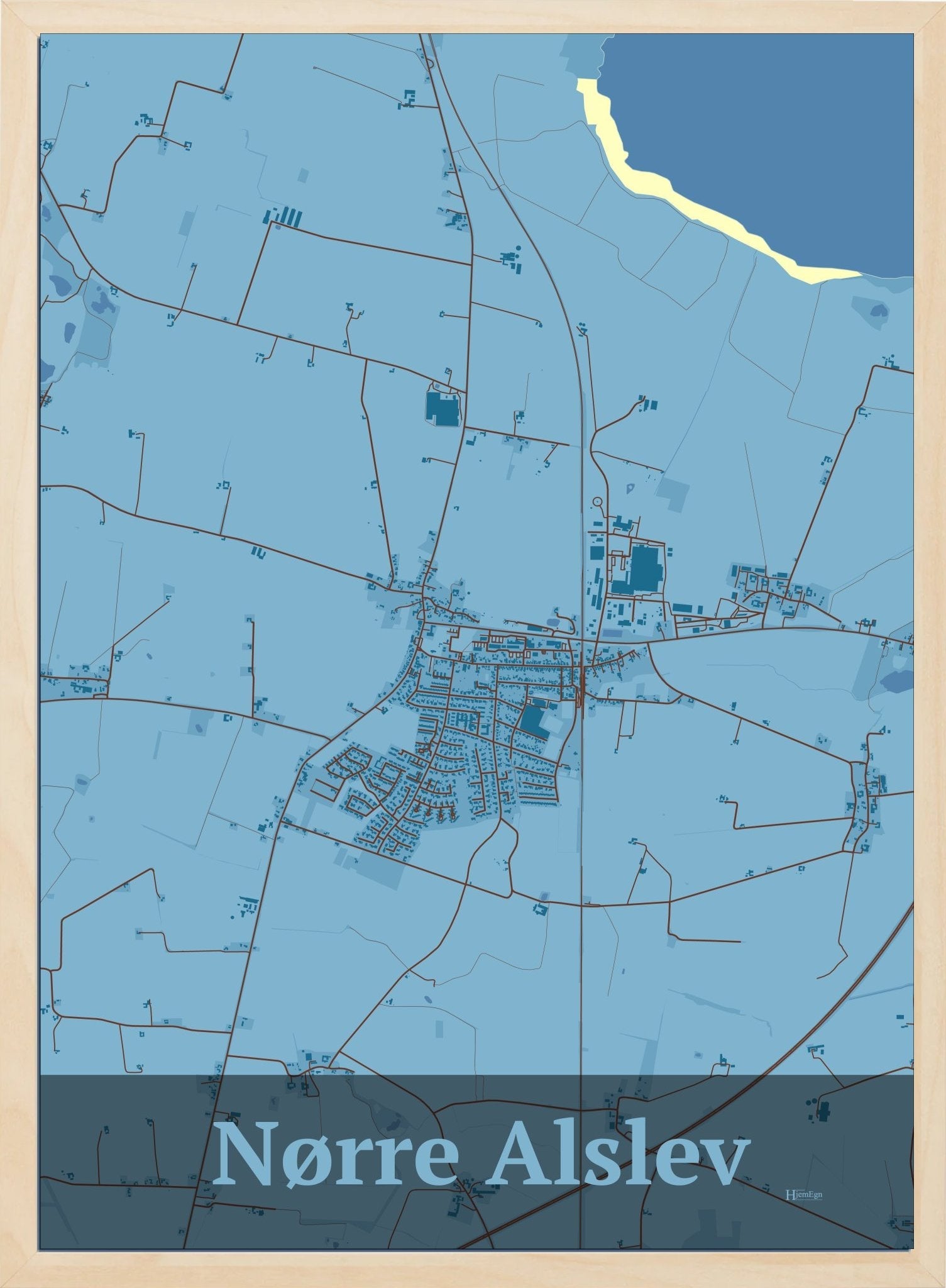 Nørre Alslev plakat i farve pastel blå og HjemEgn.dk design firkantet. Design bykort for Nørre Alslev