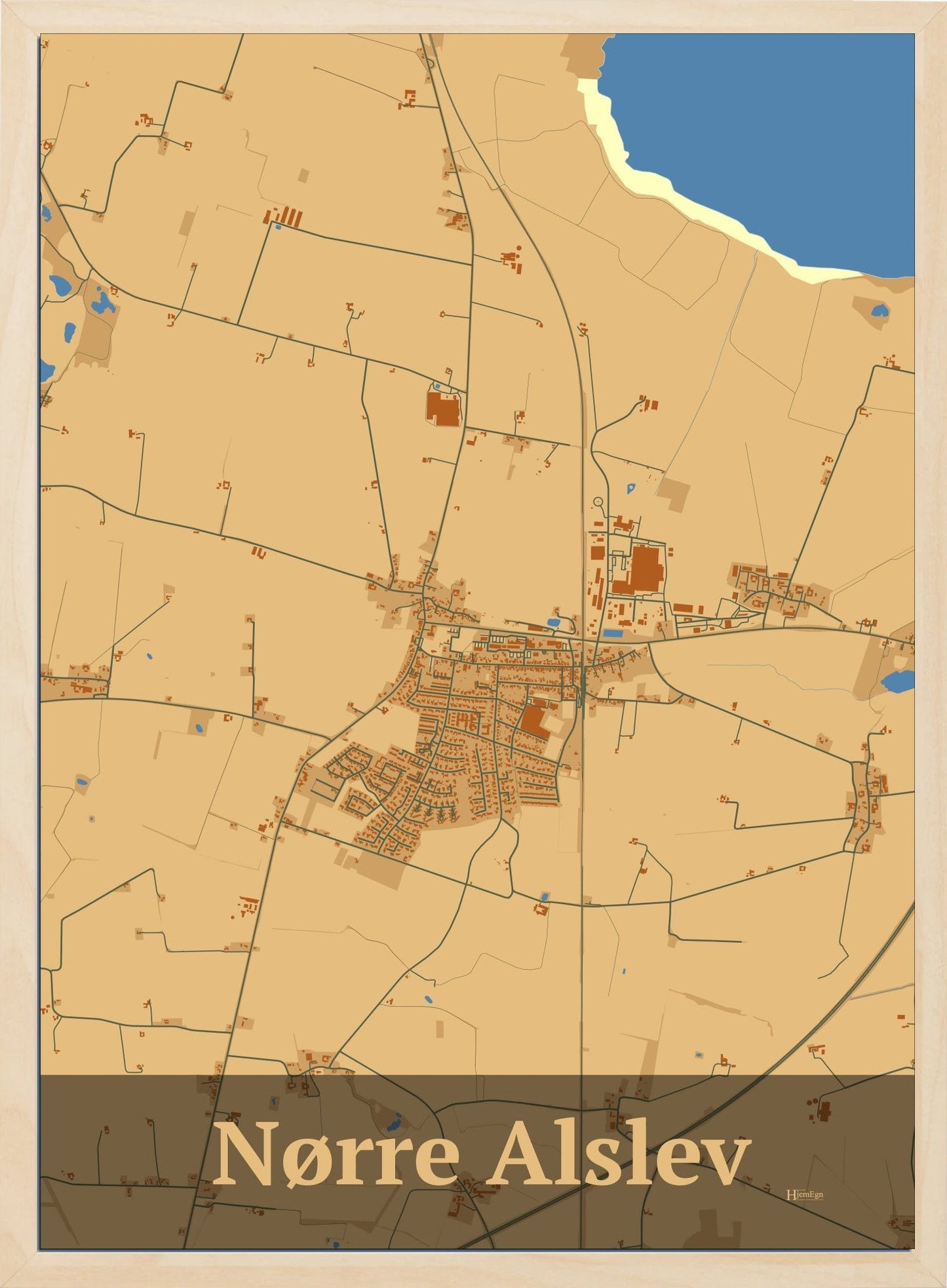 Nørre Alslev plakat i farve pastel brun og HjemEgn.dk design firkantet. Design bykort for Nørre Alslev