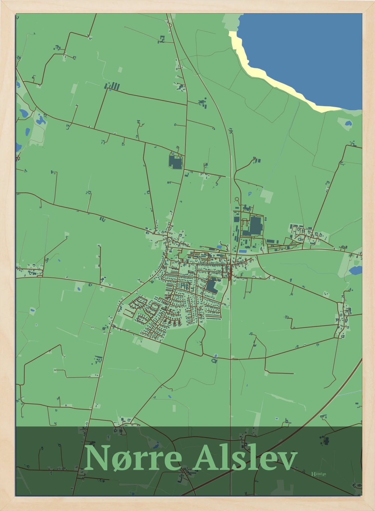 Nørre Alslev plakat i farve pastel grøn og HjemEgn.dk design firkantet. Design bykort for Nørre Alslev