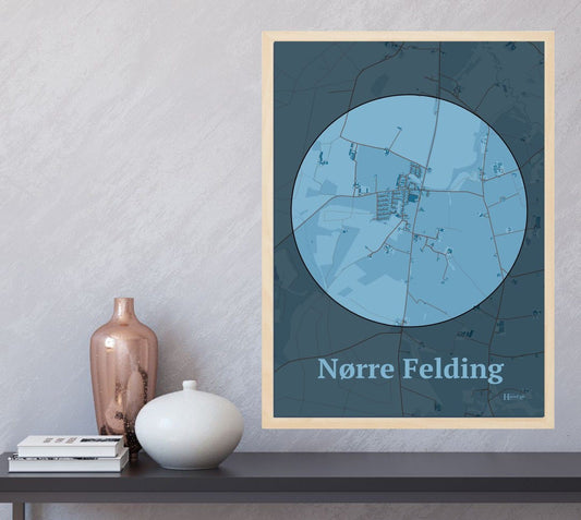 Nørre Felding plakat i farve  og HjemEgn.dk design centrum. Design bykort for Nørre Felding