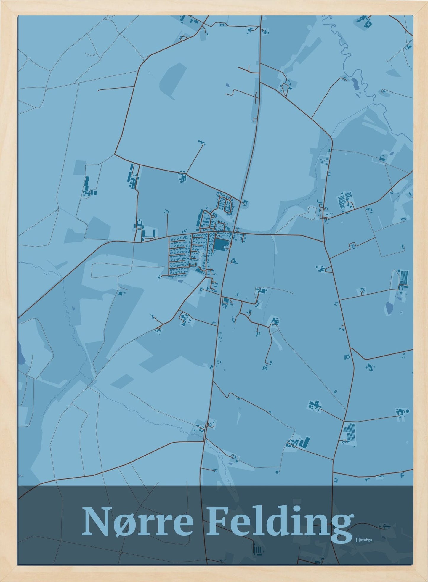 Nørre Felding plakat i farve pastel blå og HjemEgn.dk design firkantet. Design bykort for Nørre Felding