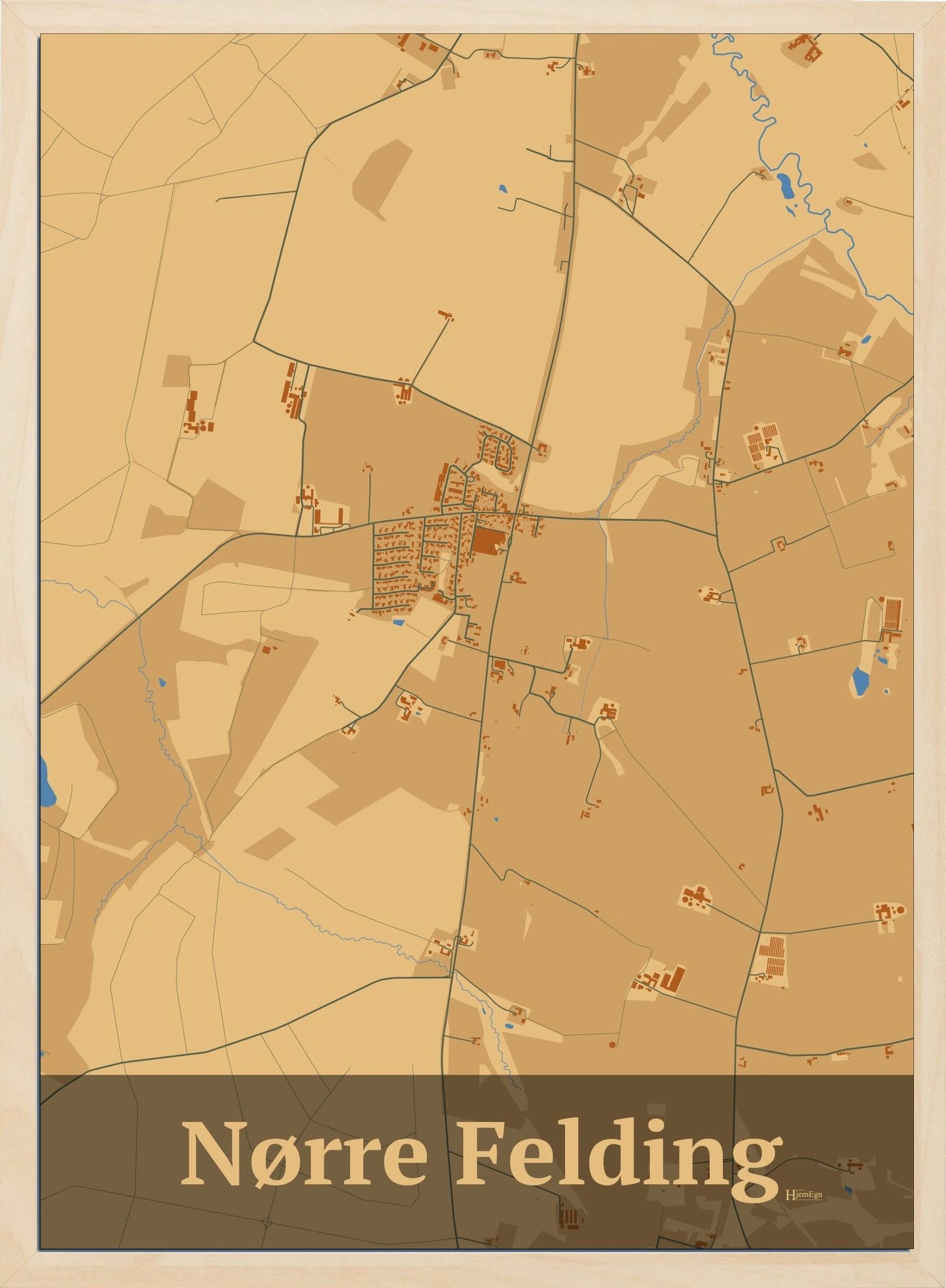 Nørre Felding plakat i farve pastel brun og HjemEgn.dk design firkantet. Design bykort for Nørre Felding