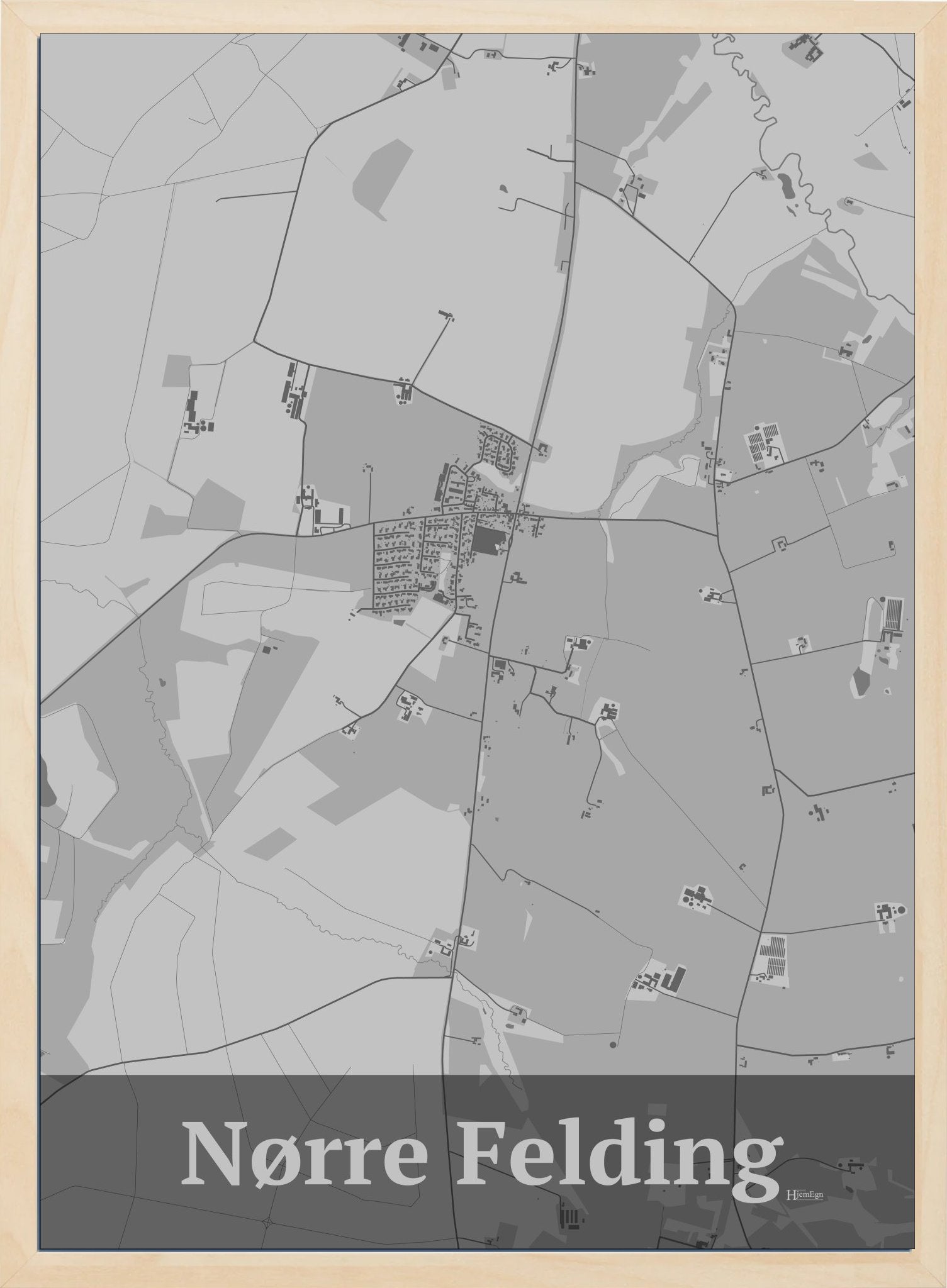 Nørre Felding plakat i farve pastel grå og HjemEgn.dk design firkantet. Design bykort for Nørre Felding
