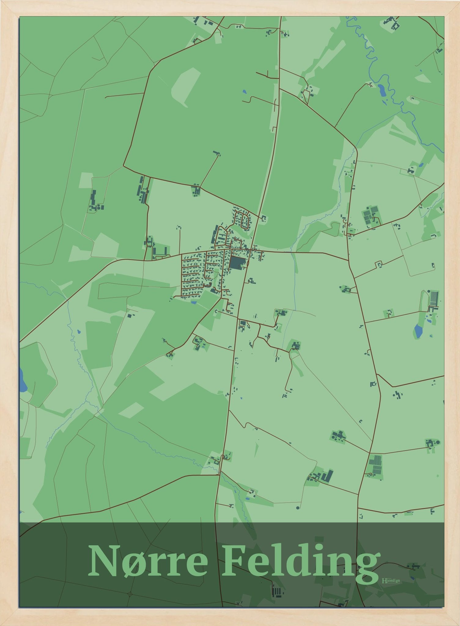 Nørre Felding plakat i farve pastel grøn og HjemEgn.dk design firkantet. Design bykort for Nørre Felding