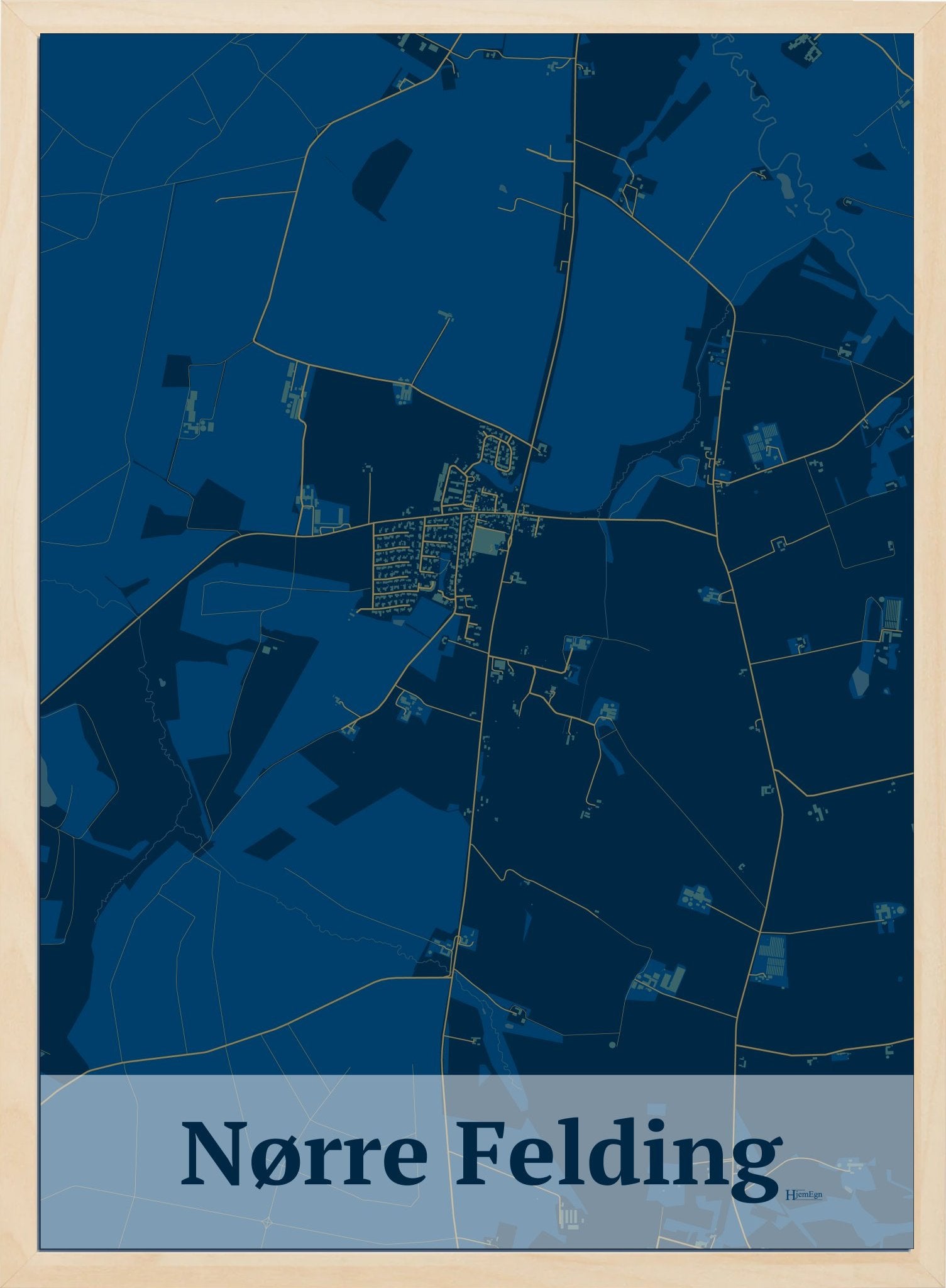 Nørre Felding plakat i farve mørk blå og HjemEgn.dk design firkantet. Design bykort for Nørre Felding