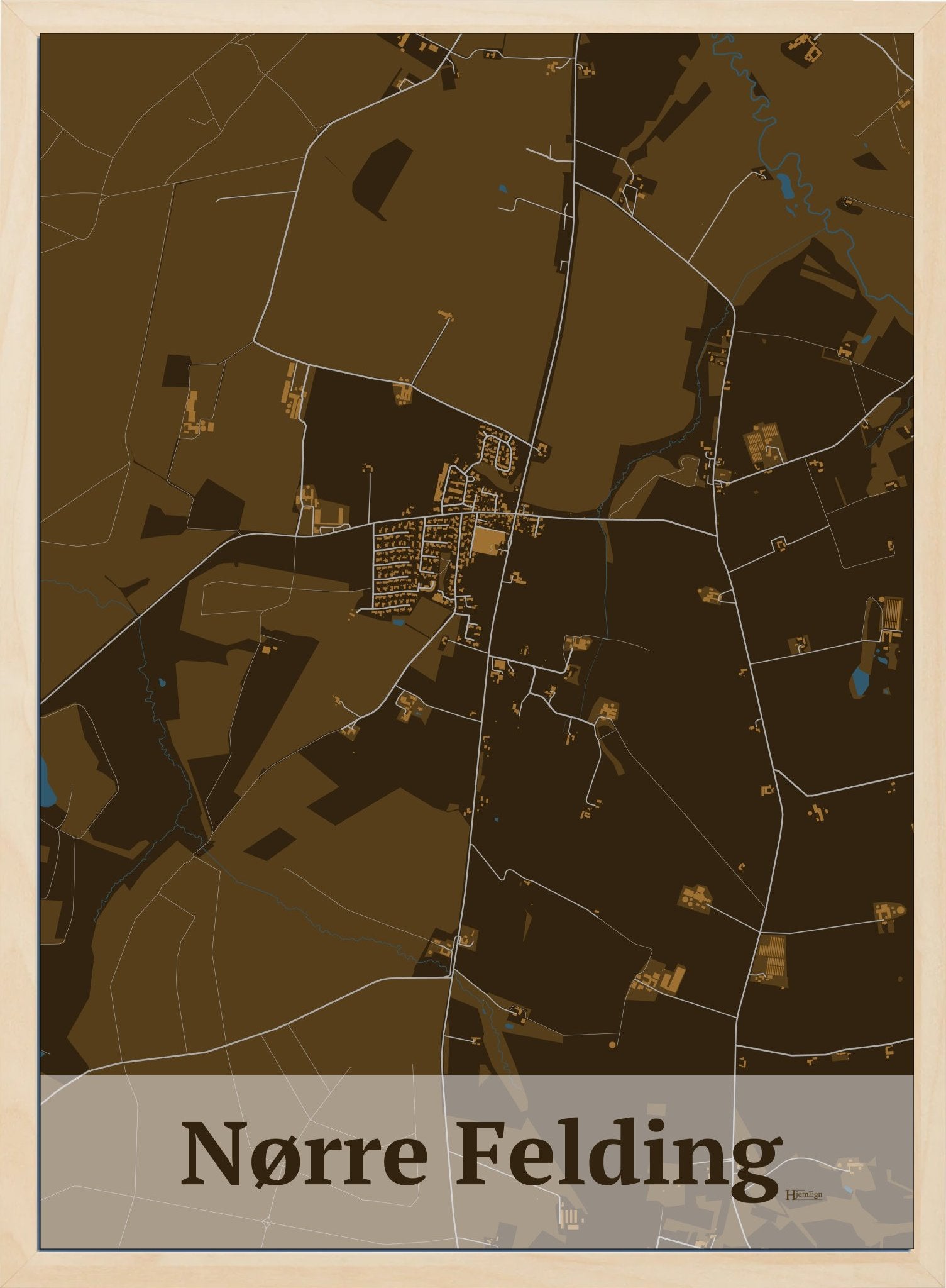 Nørre Felding plakat i farve mørk brun og HjemEgn.dk design firkantet. Design bykort for Nørre Felding