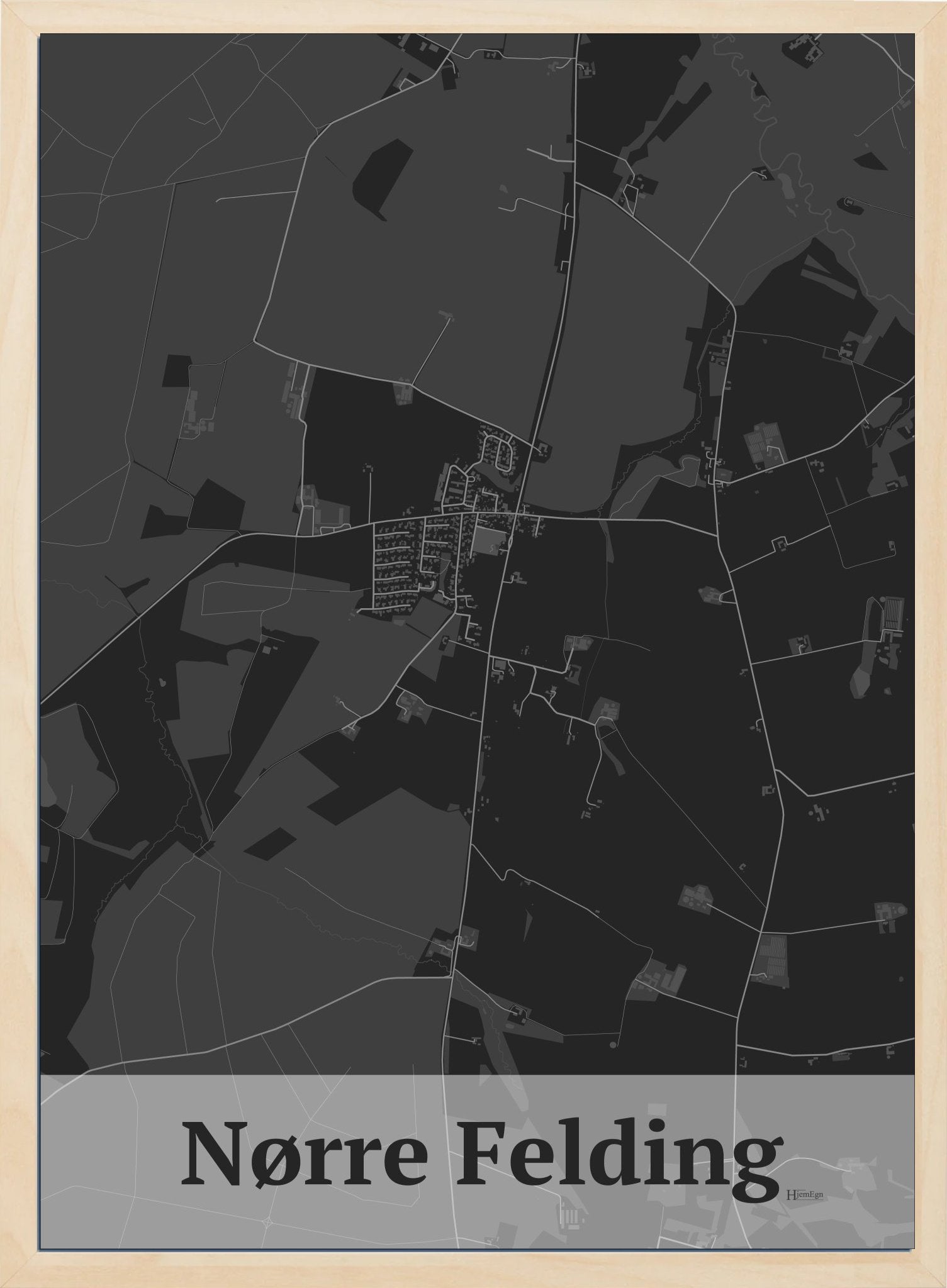 Nørre Felding plakat i farve mørk grå og HjemEgn.dk design firkantet. Design bykort for Nørre Felding