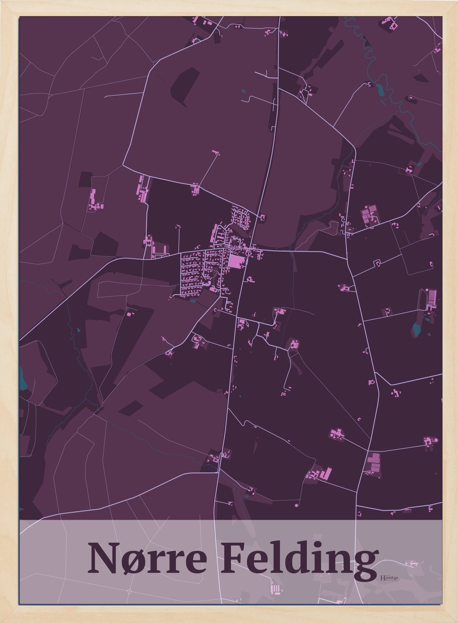 Nørre Felding plakat i farve mørk rød og HjemEgn.dk design firkantet. Design bykort for Nørre Felding