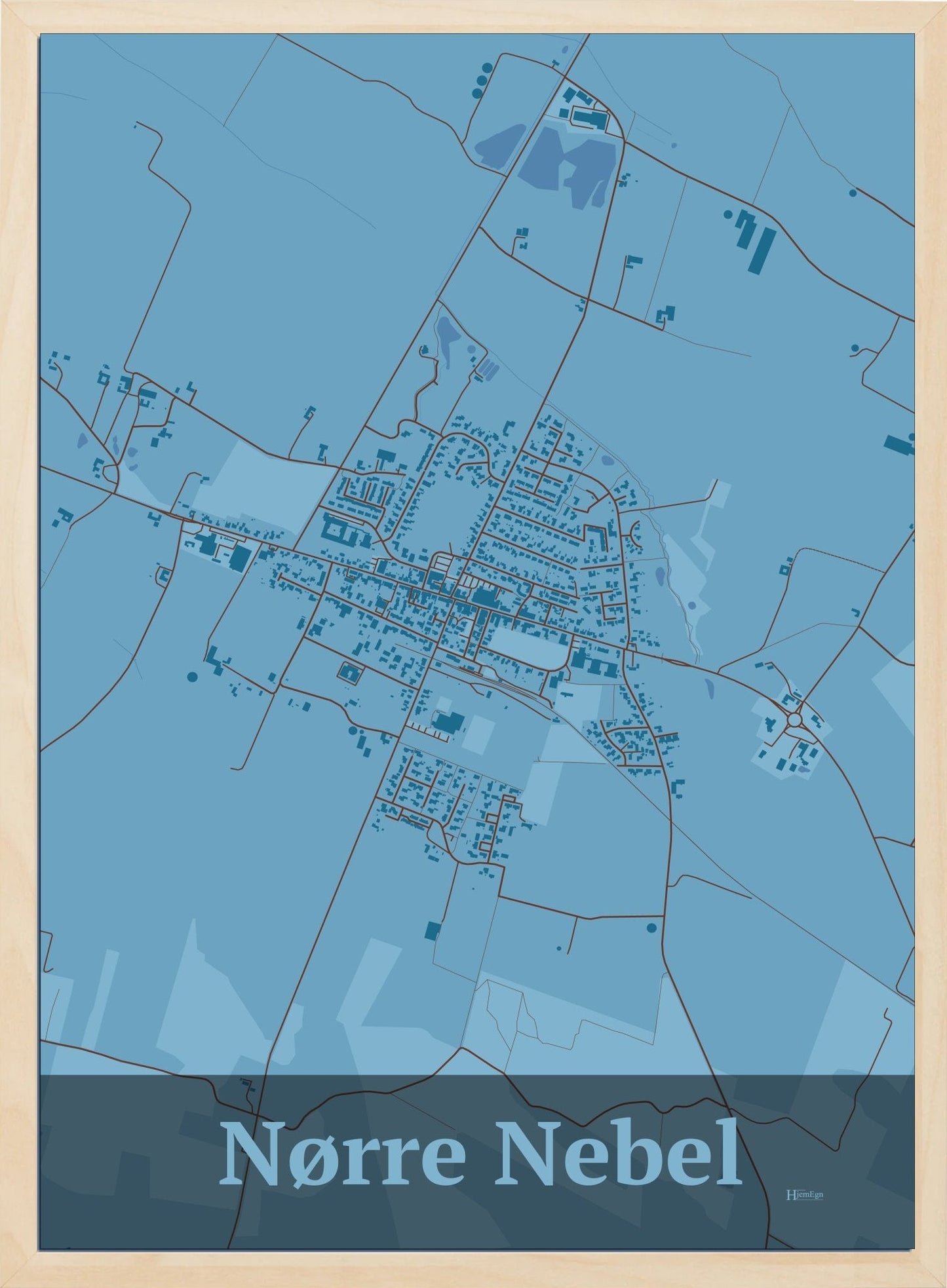 Nørre Nebel plakat i farve pastel blå og HjemEgn.dk design firkantet. Design bykort for Nørre Nebel