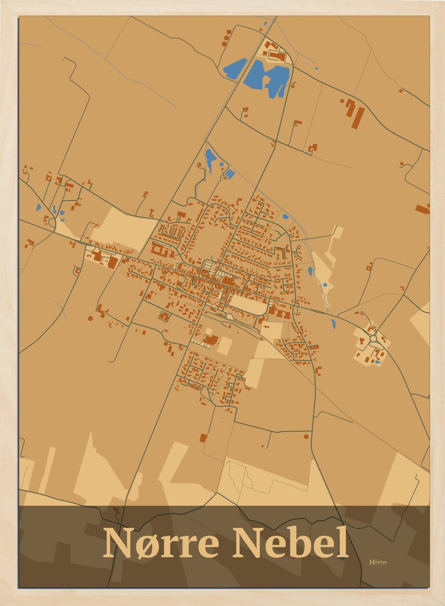 Nørre Nebel plakat i farve pastel brun og HjemEgn.dk design firkantet. Design bykort for Nørre Nebel