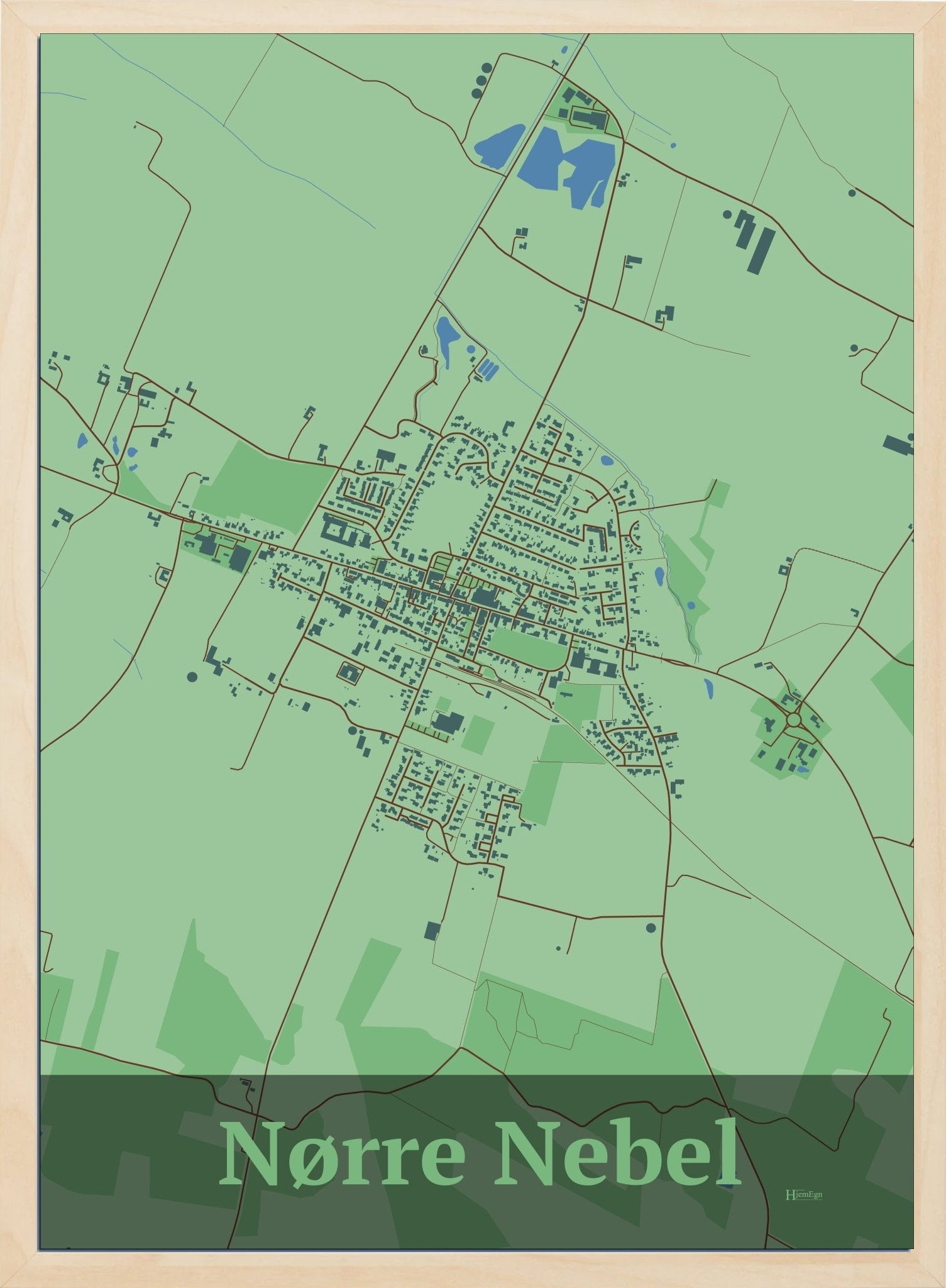 Nørre Nebel plakat i farve pastel grøn og HjemEgn.dk design firkantet. Design bykort for Nørre Nebel