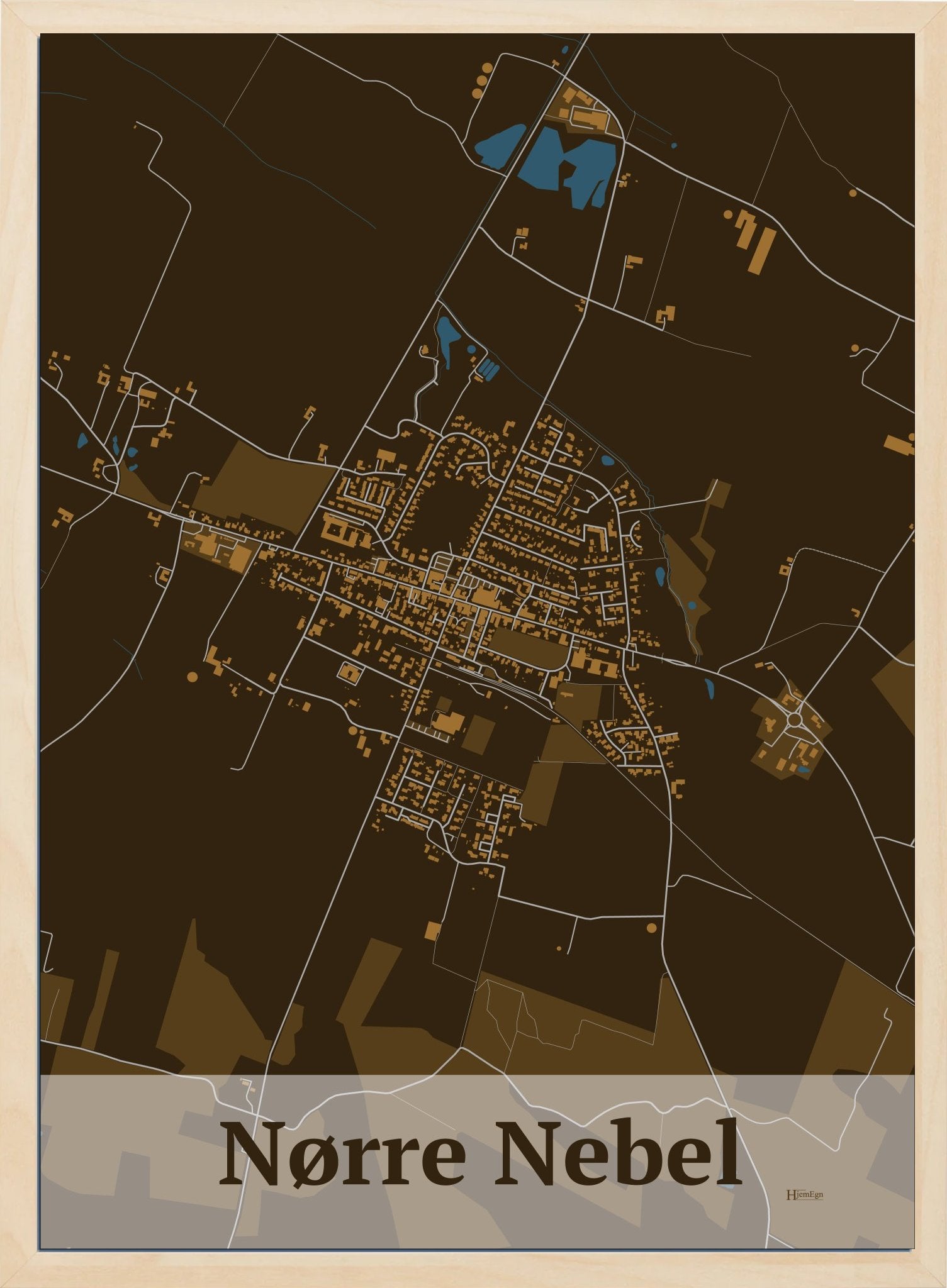 Nørre Nebel plakat i farve mørk brun og HjemEgn.dk design firkantet. Design bykort for Nørre Nebel