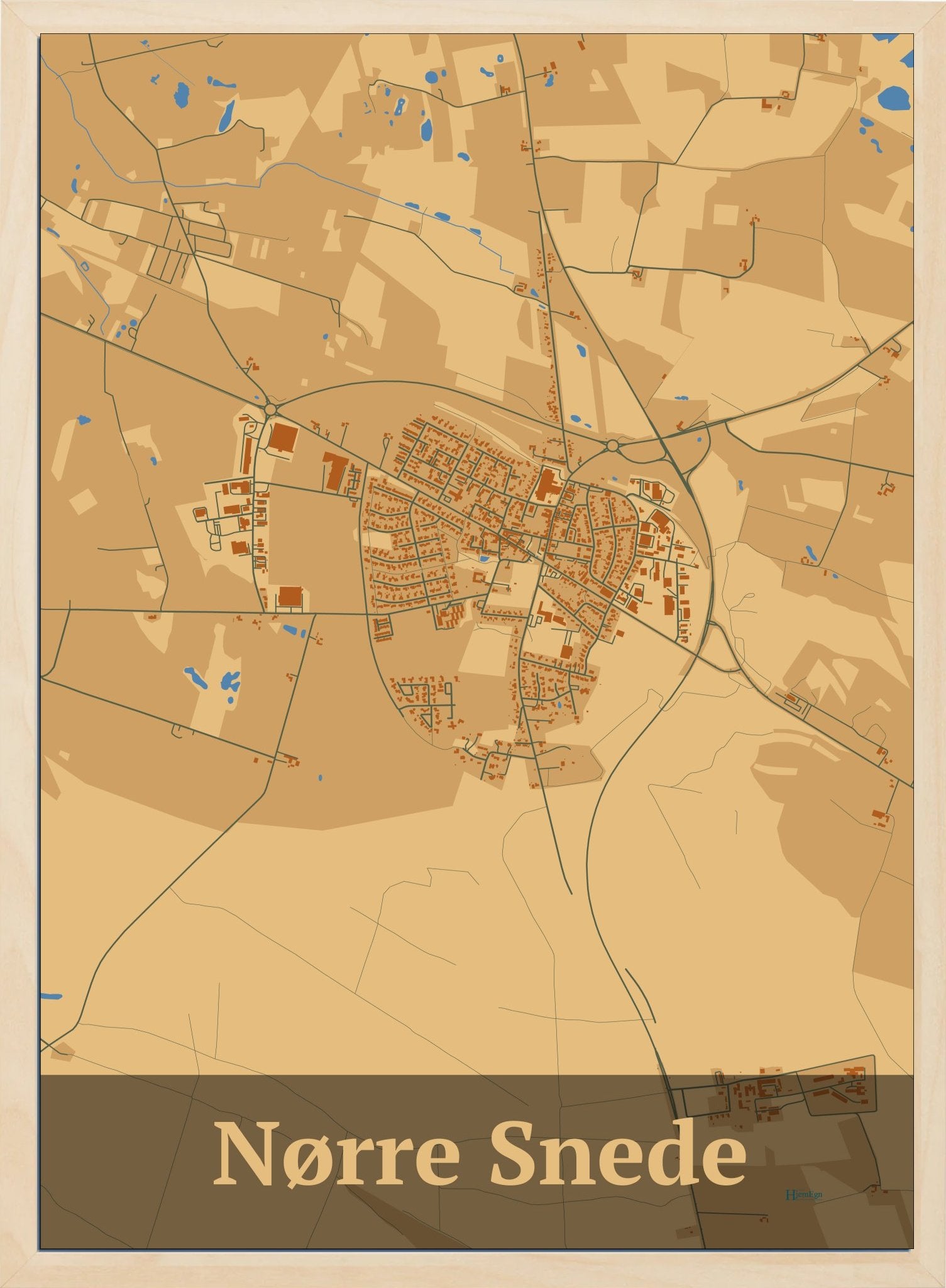 Nørre Snede plakat i farve pastel brun og HjemEgn.dk design firkantet. Design bykort for Nørre Snede