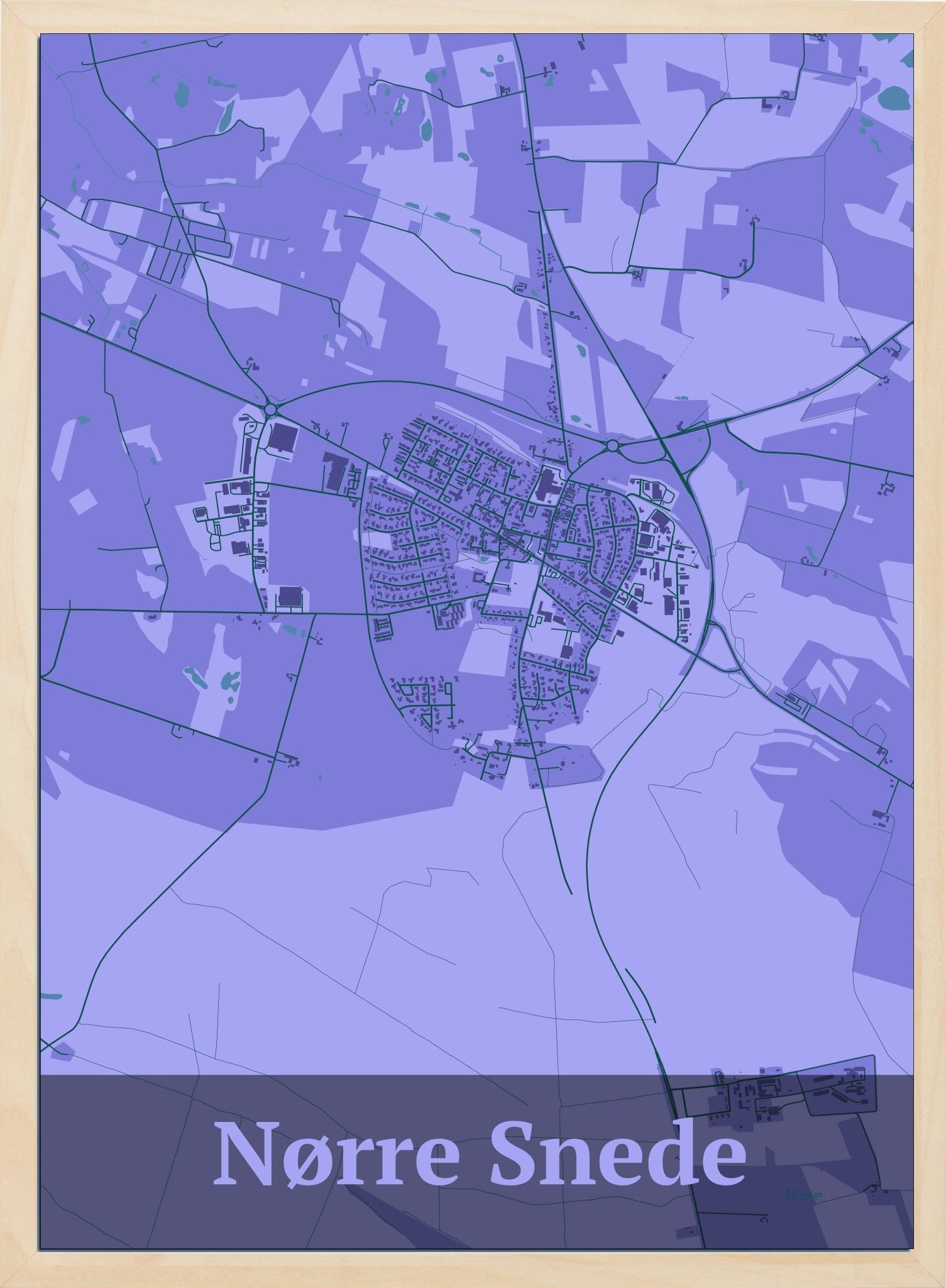 Nørre Snede plakat i farve pastel lilla og HjemEgn.dk design firkantet. Design bykort for Nørre Snede