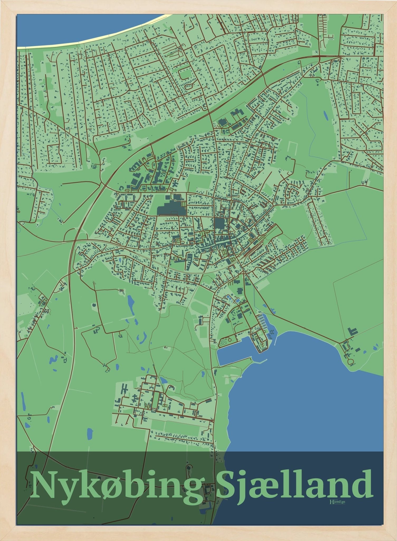 Nykøbing Sjælland plakat i farve pastel grøn og HjemEgn.dk design firkantet. Design bykort for Nykøbing Sjælland