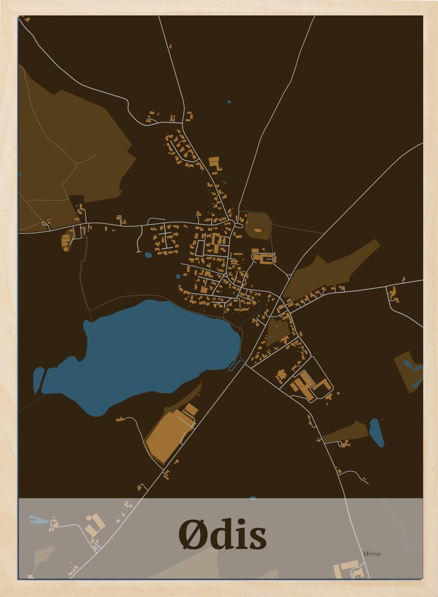 Ødis plakat i farve mørk brun og HjemEgn.dk design firkantet. Design bykort for Ødis