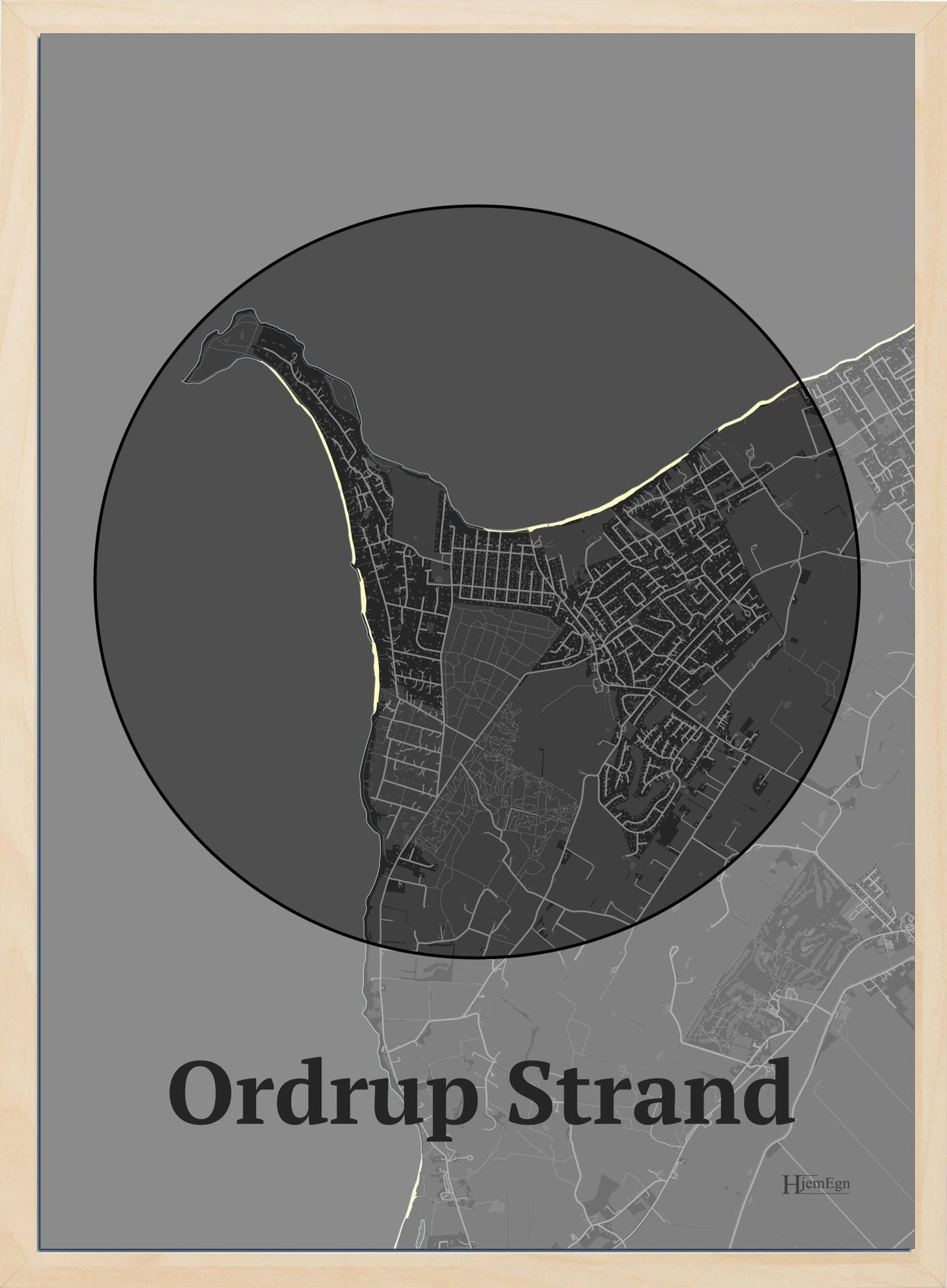 Ordrup Strand plakat i farve mørk grå og HjemEgn.dk design centrum. Design bykort for Ordrup Strand