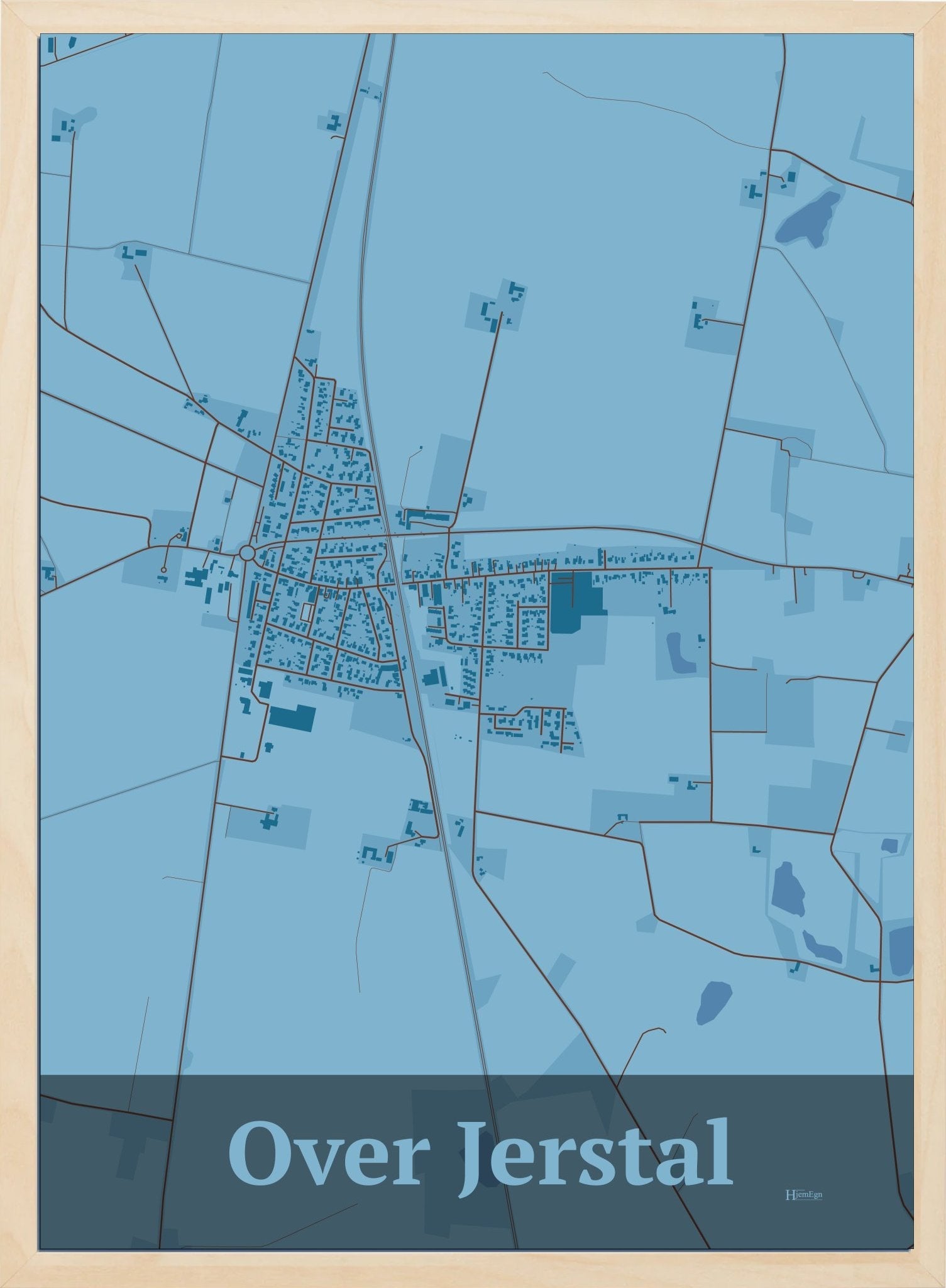 Over Jerstal plakat i farve pastel blå og HjemEgn.dk design firkantet. Design bykort for Over Jerstal