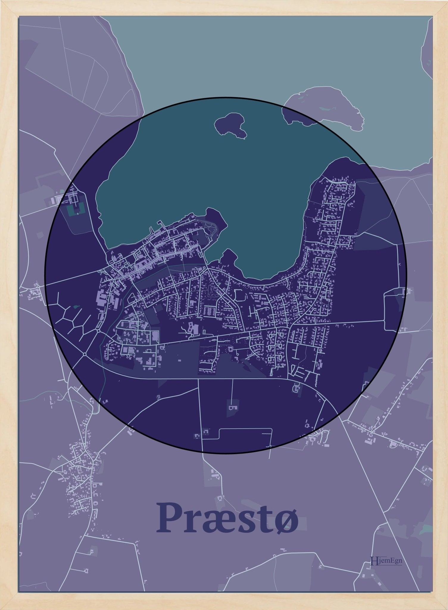 Præstø plakat i farve mørk lilla og HjemEgn.dk design centrum. Design bykort for Præstø