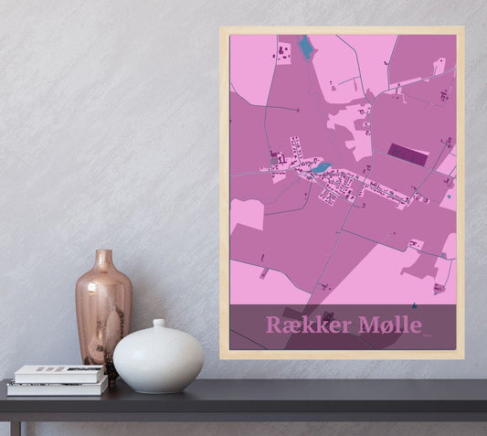 Rækker Mølle plakat i farve  og HjemEgn.dk design firkantet. Design bykort for Rækker Mølle