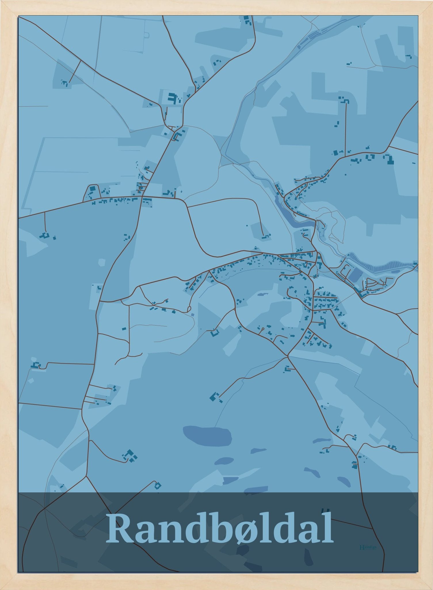 Randbøldal plakat i farve pastel blå og HjemEgn.dk design firkantet. Design bykort for Randbøldal