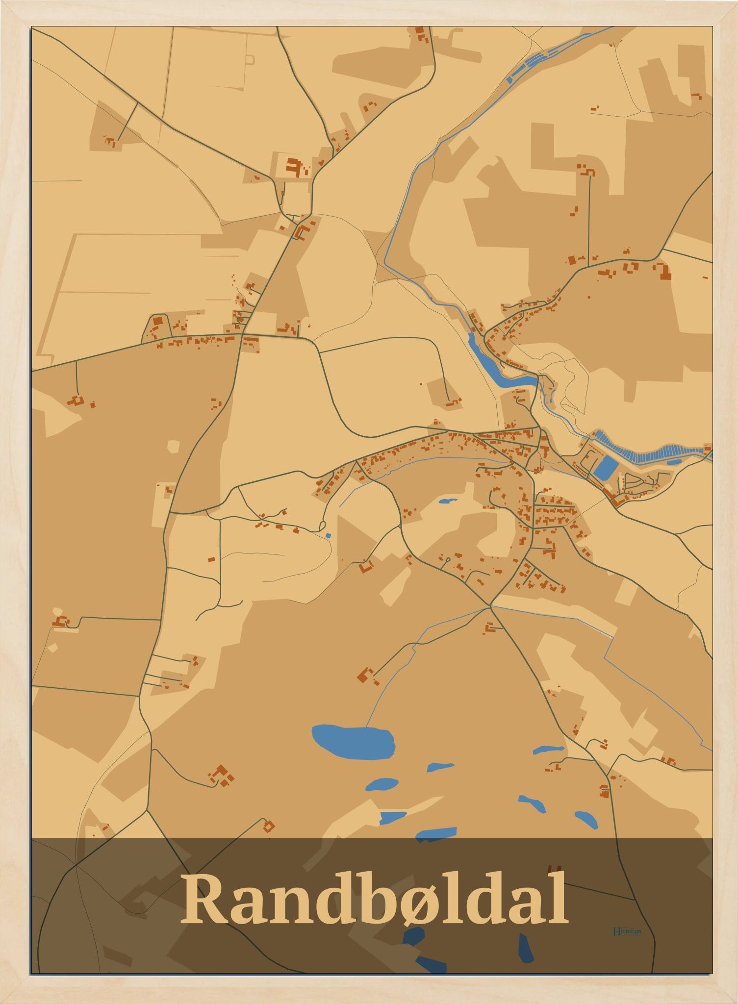Randbøldal plakat i farve pastel brun og HjemEgn.dk design firkantet. Design bykort for Randbøldal