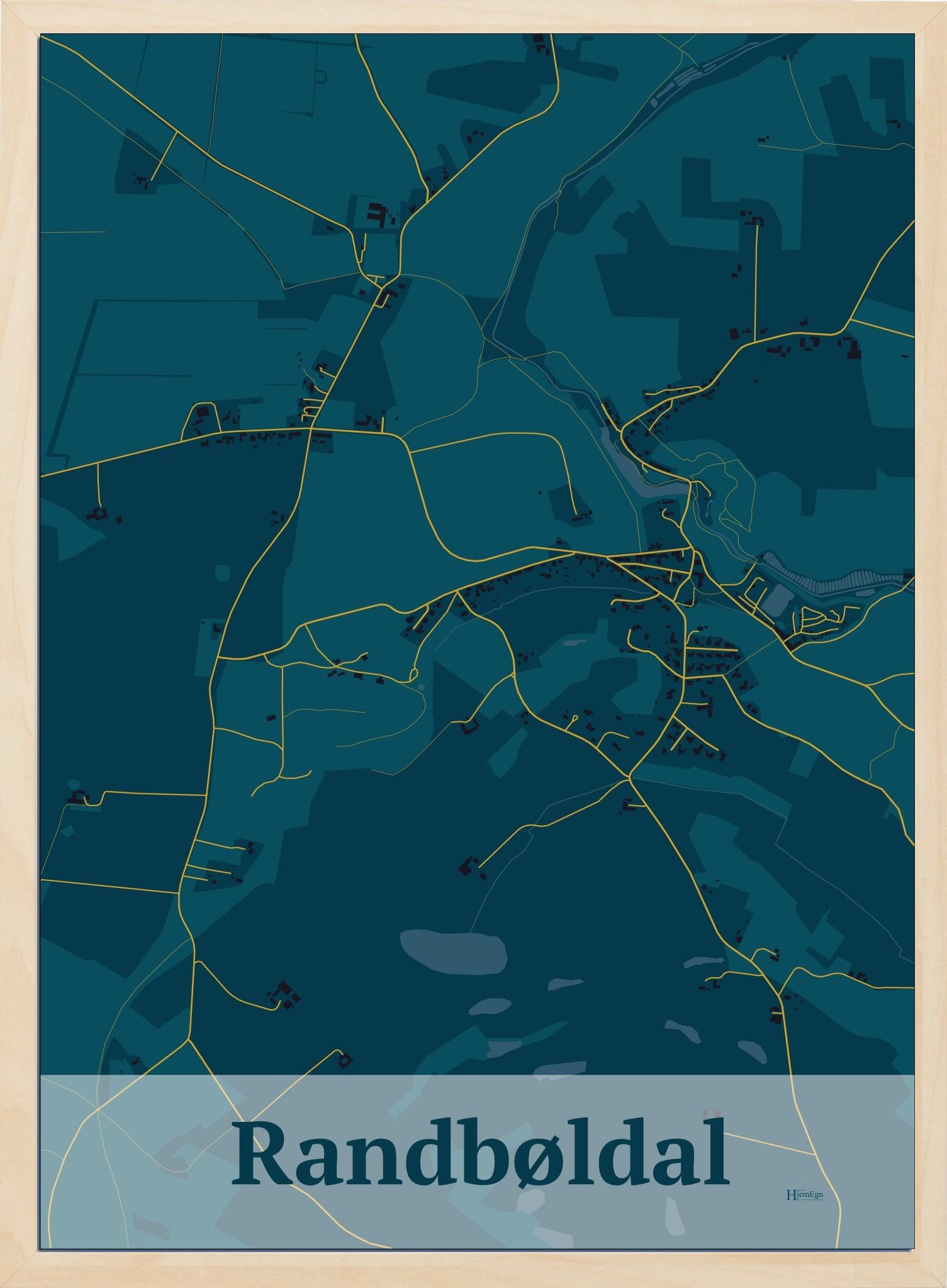 Randbøldal plakat i farve mørk blå og HjemEgn.dk design firkantet. Design bykort for Randbøldal