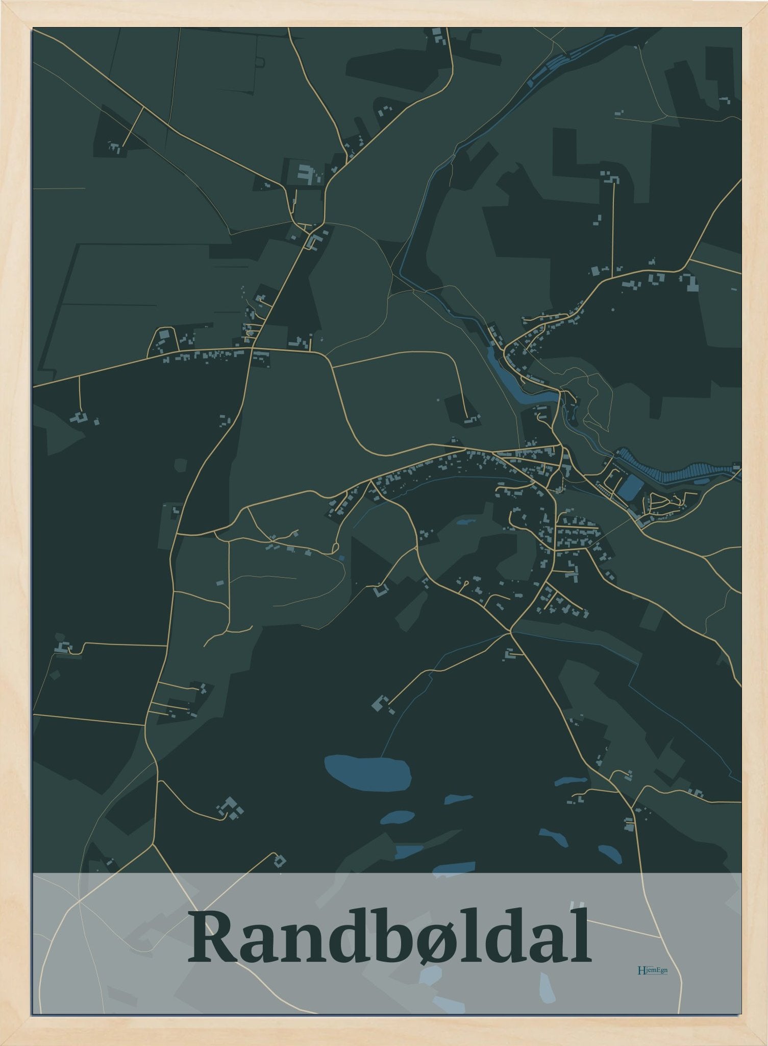 Randbøldal plakat i farve mørk grøn og HjemEgn.dk design firkantet. Design bykort for Randbøldal