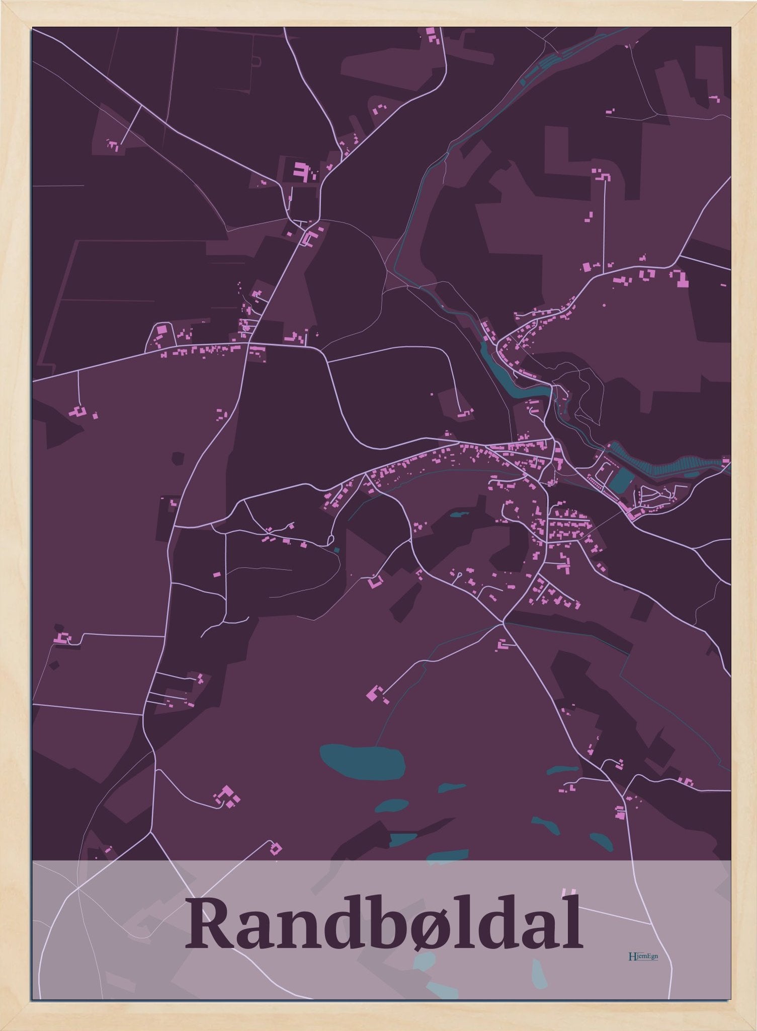 Randbøldal plakat i farve mørk rød og HjemEgn.dk design firkantet. Design bykort for Randbøldal
