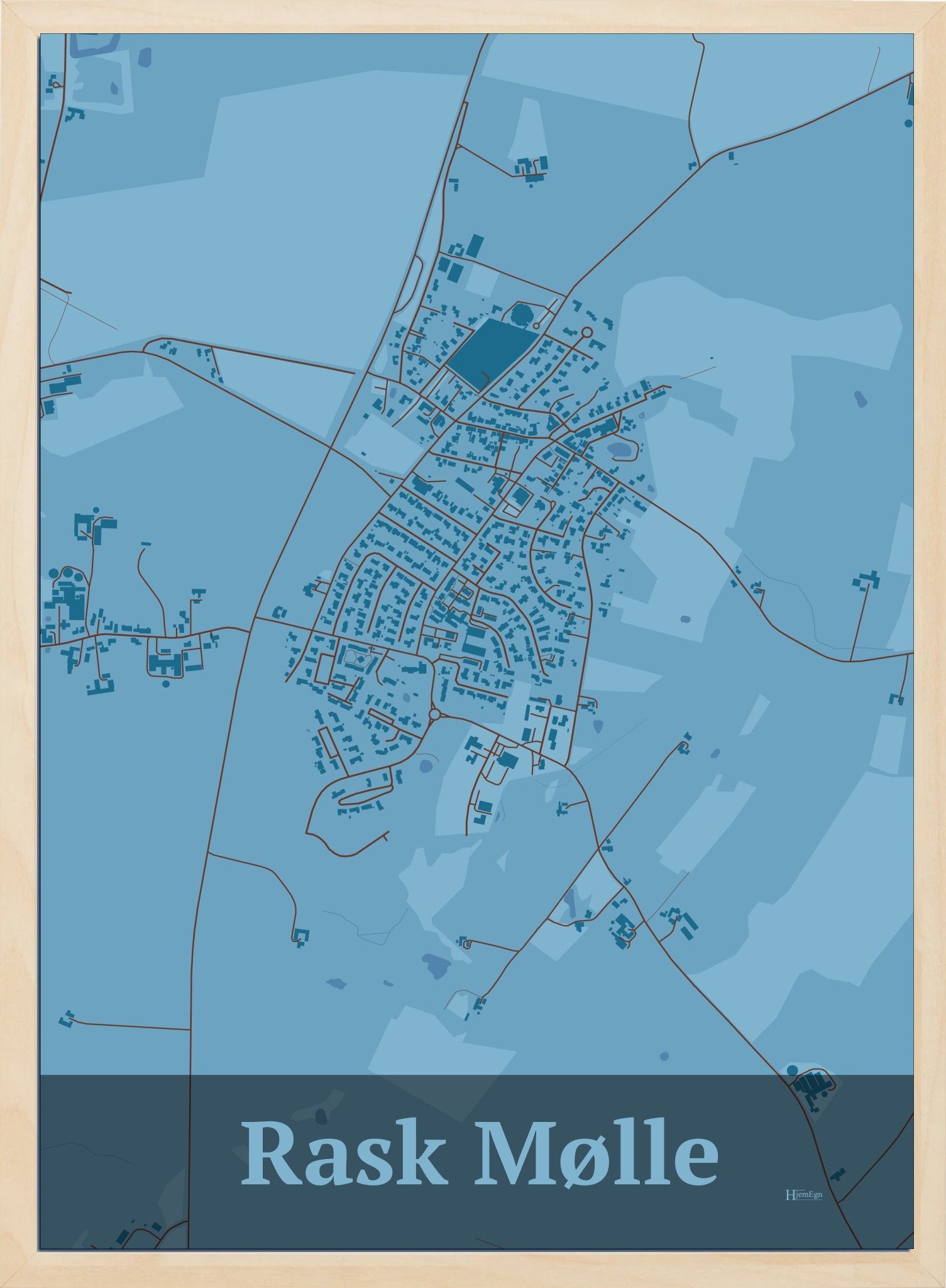 Rask Mølle plakat i farve pastel blå og HjemEgn.dk design firkantet. Design bykort for Rask Mølle