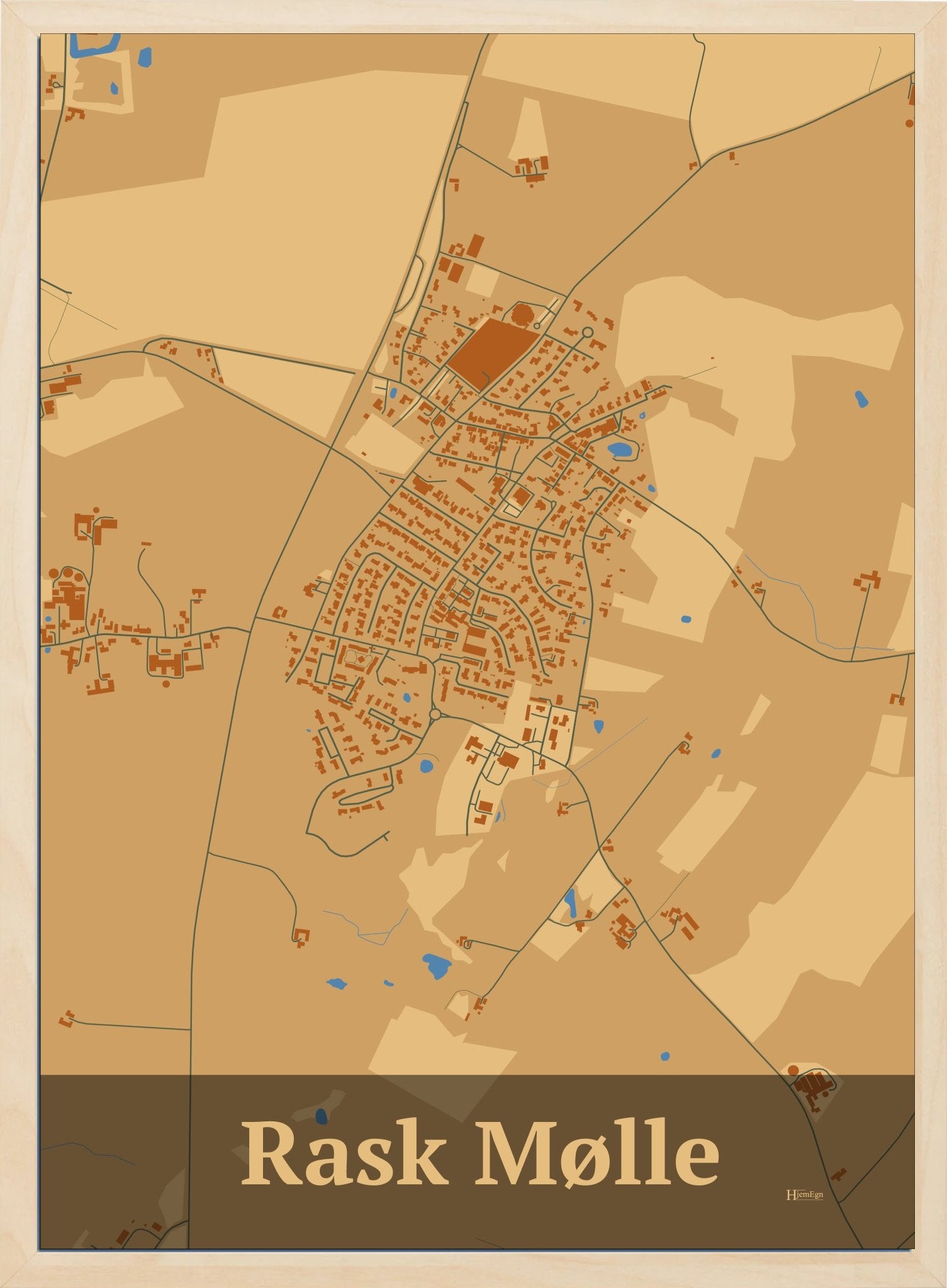 Rask Mølle plakat i farve pastel brun og HjemEgn.dk design firkantet. Design bykort for Rask Mølle
