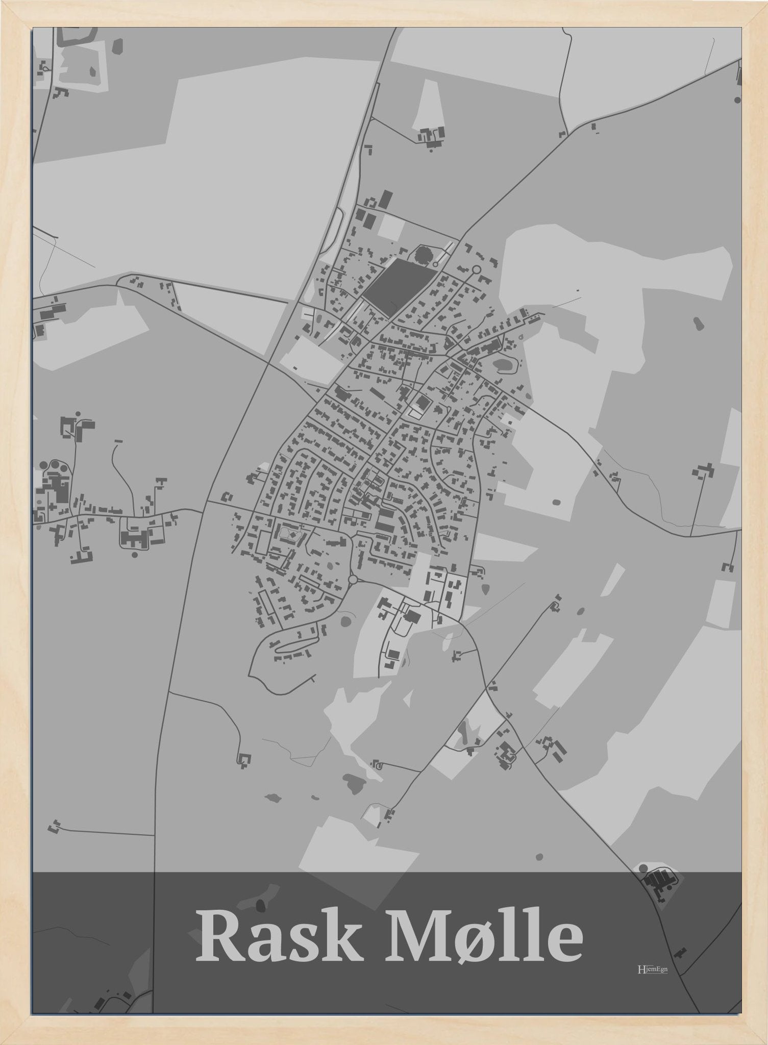 Rask Mølle plakat i farve pastel grå og HjemEgn.dk design firkantet. Design bykort for Rask Mølle