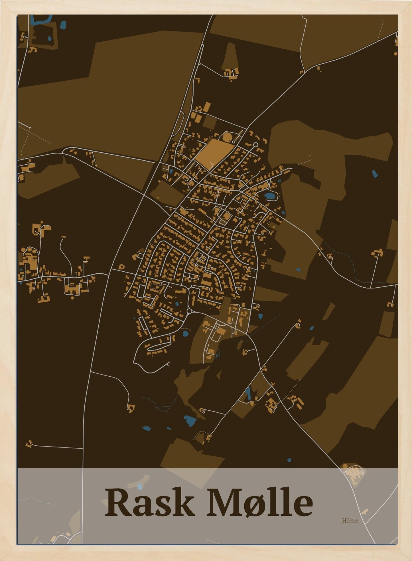 Rask Mølle plakat i farve mørk brun og HjemEgn.dk design firkantet. Design bykort for Rask Mølle