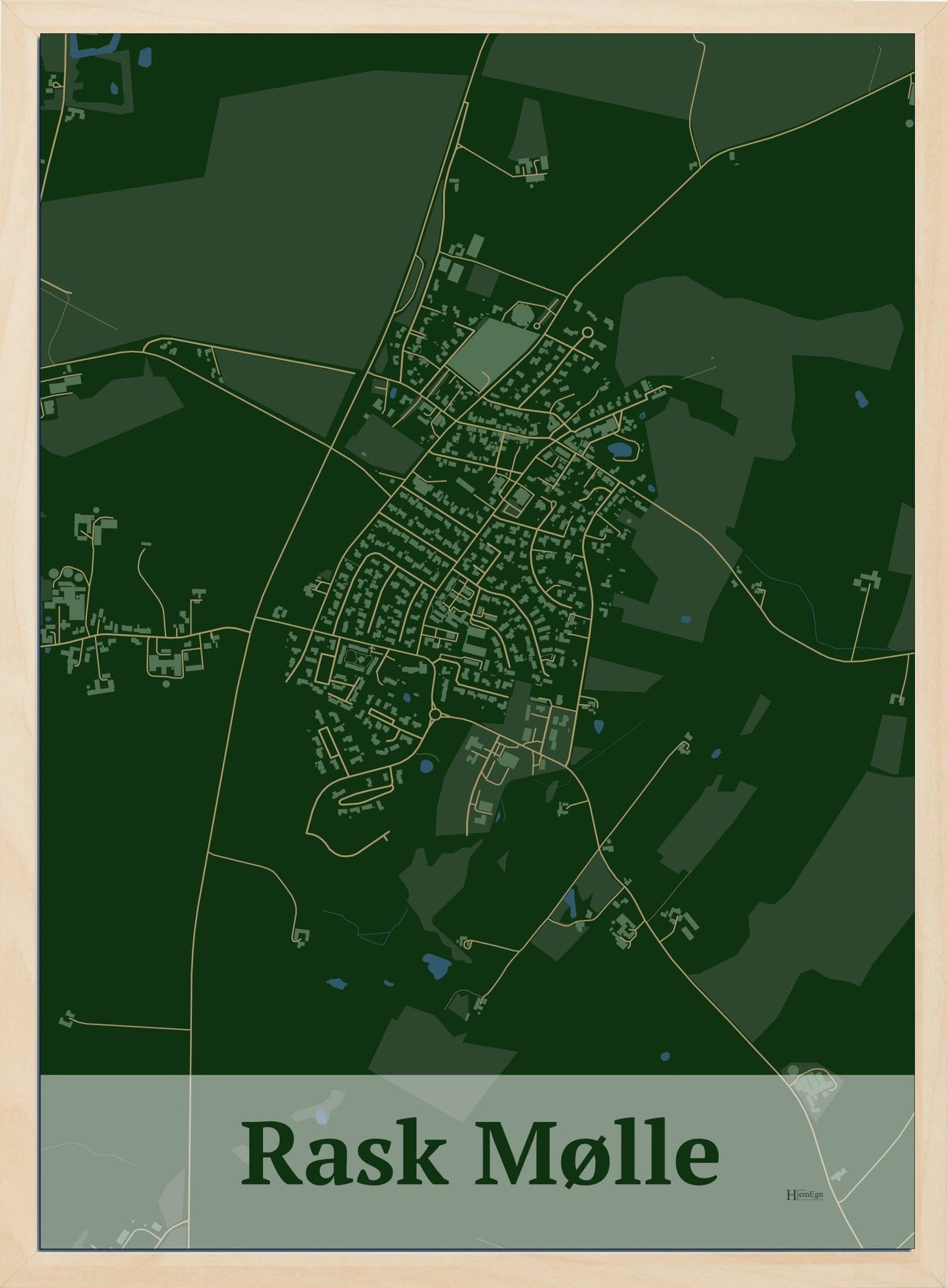 Rask Mølle plakat i farve mørk grøn og HjemEgn.dk design firkantet. Design bykort for Rask Mølle