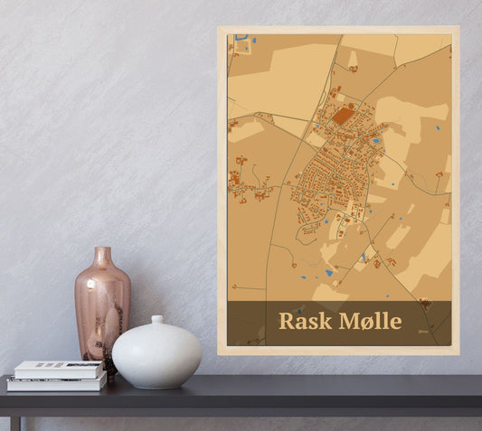 Rask Mølle plakat i farve  og HjemEgn.dk design firkantet. Design bykort for Rask Mølle