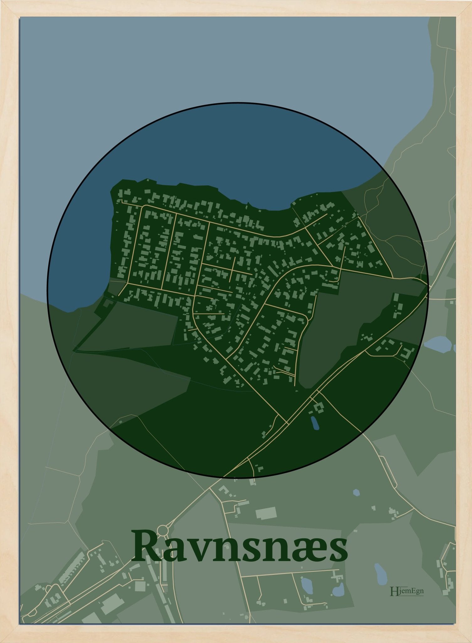 Ravnsnæs plakat i farve mørk grøn og HjemEgn.dk design centrum. Design bykort for Ravnsnæs