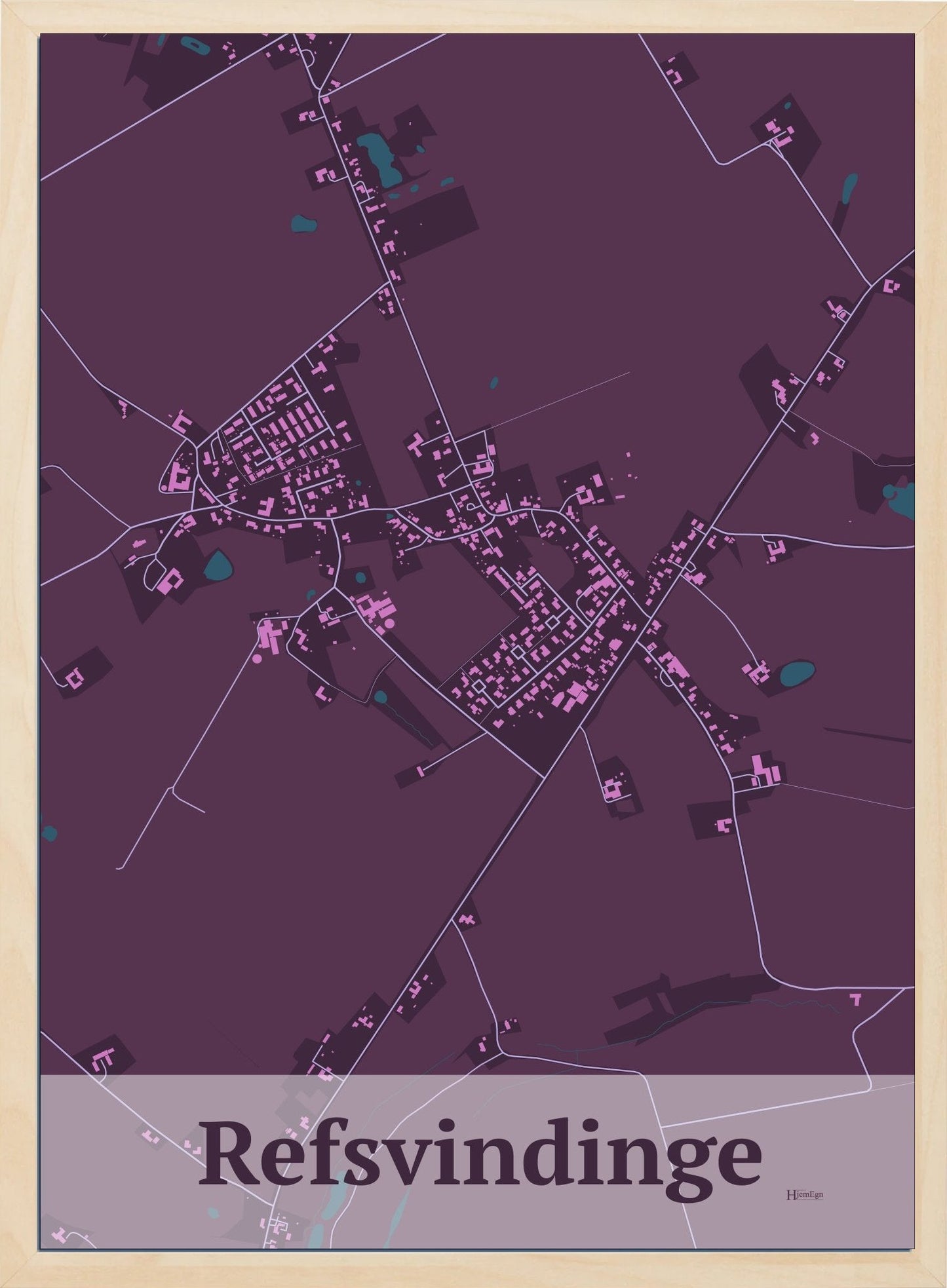 Refsvindinge plakat i farve mørk rød og HjemEgn.dk design firkantet. Design bykort for Refsvindinge