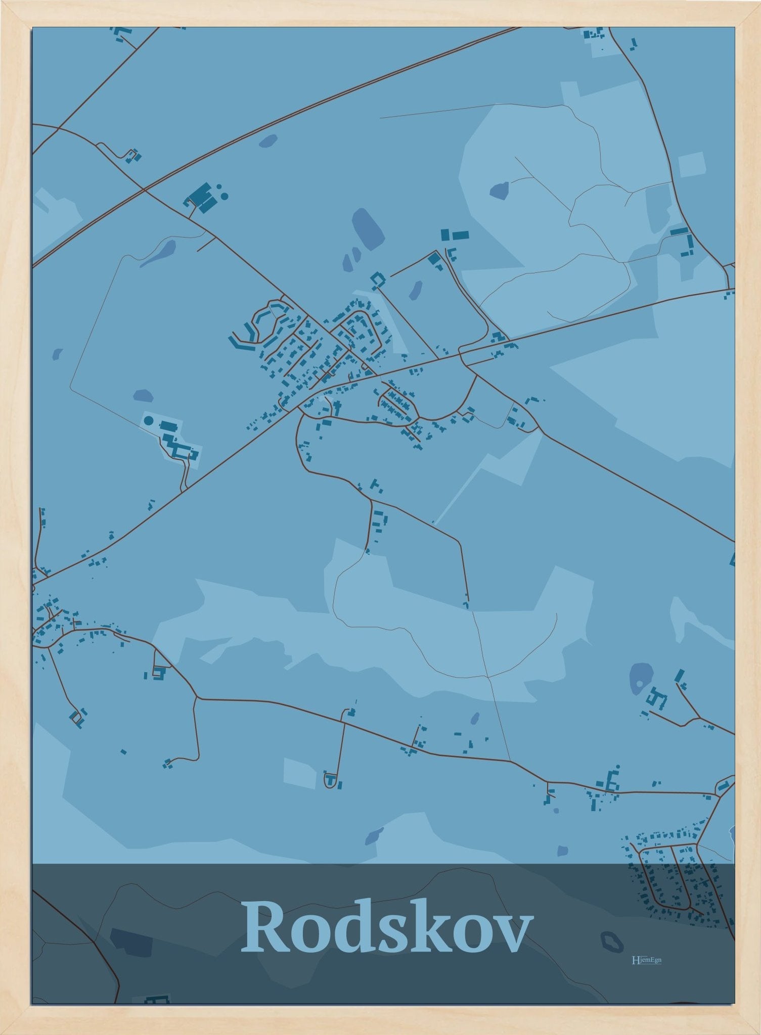 Rodskov plakat i farve pastel blå og HjemEgn.dk design firkantet. Design bykort for Rodskov