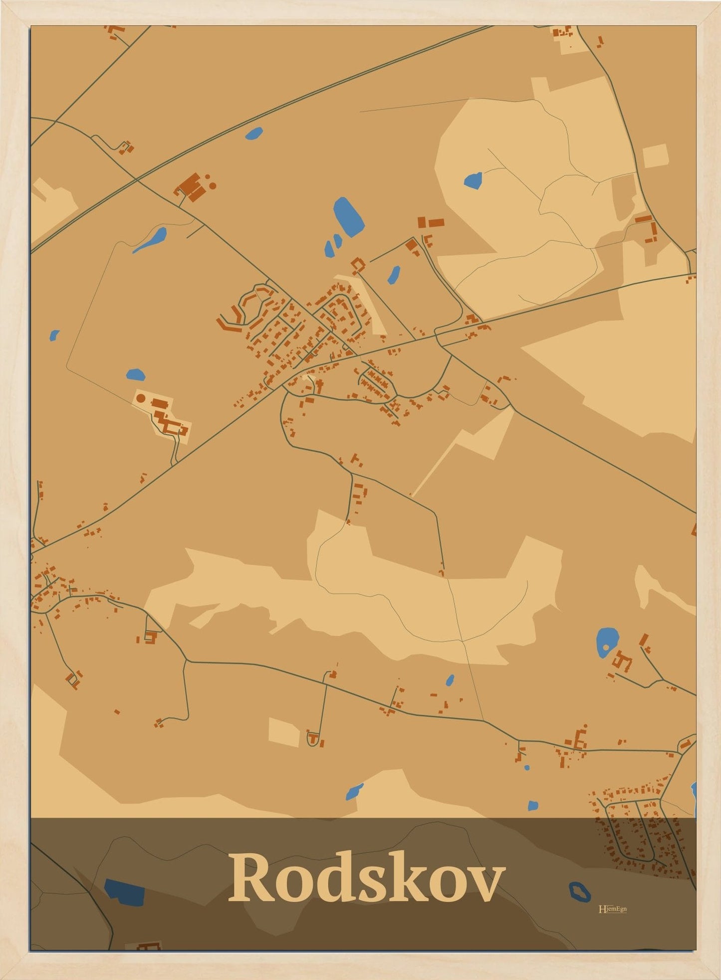 Rodskov plakat i farve pastel brun og HjemEgn.dk design firkantet. Design bykort for Rodskov