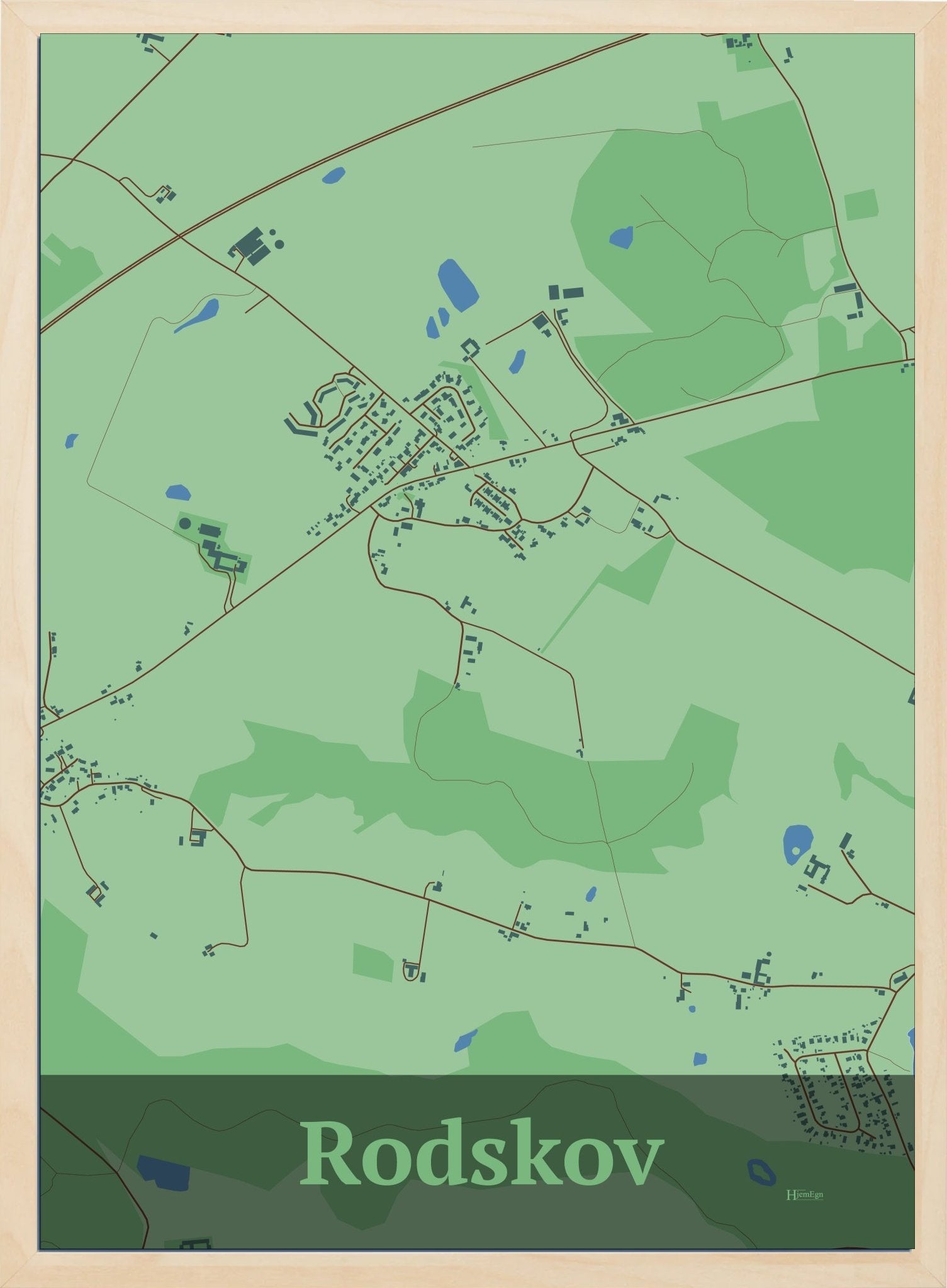 Rodskov plakat i farve pastel grøn og HjemEgn.dk design firkantet. Design bykort for Rodskov