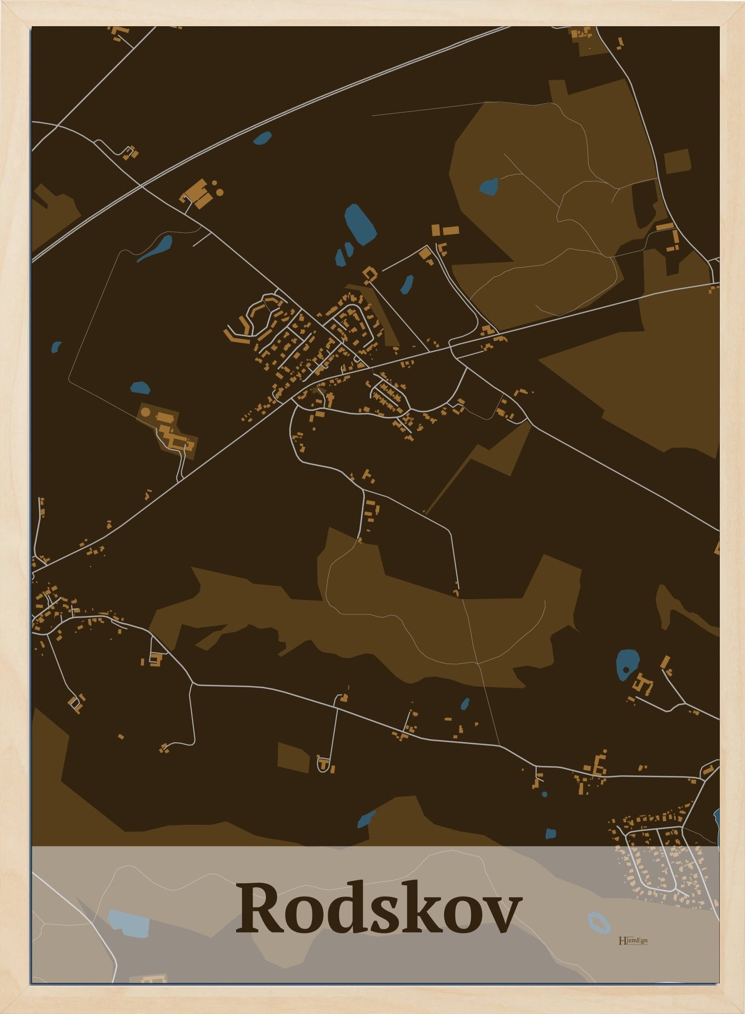 Rodskov plakat i farve mørk brun og HjemEgn.dk design firkantet. Design bykort for Rodskov