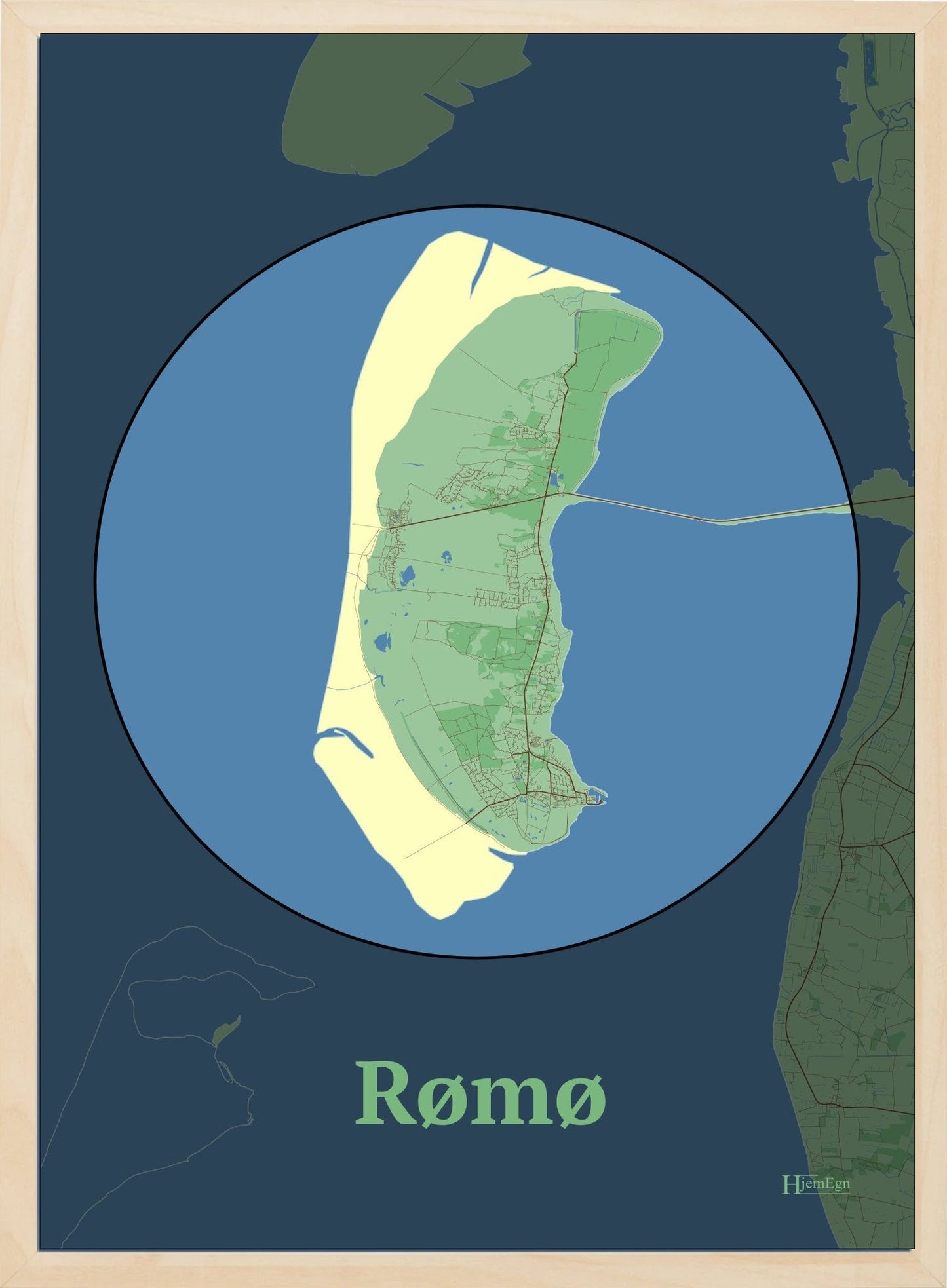 Rømø plakat i farve pastel grøn og HjemEgn.dk design centrum. Design ø-kort for Rømø