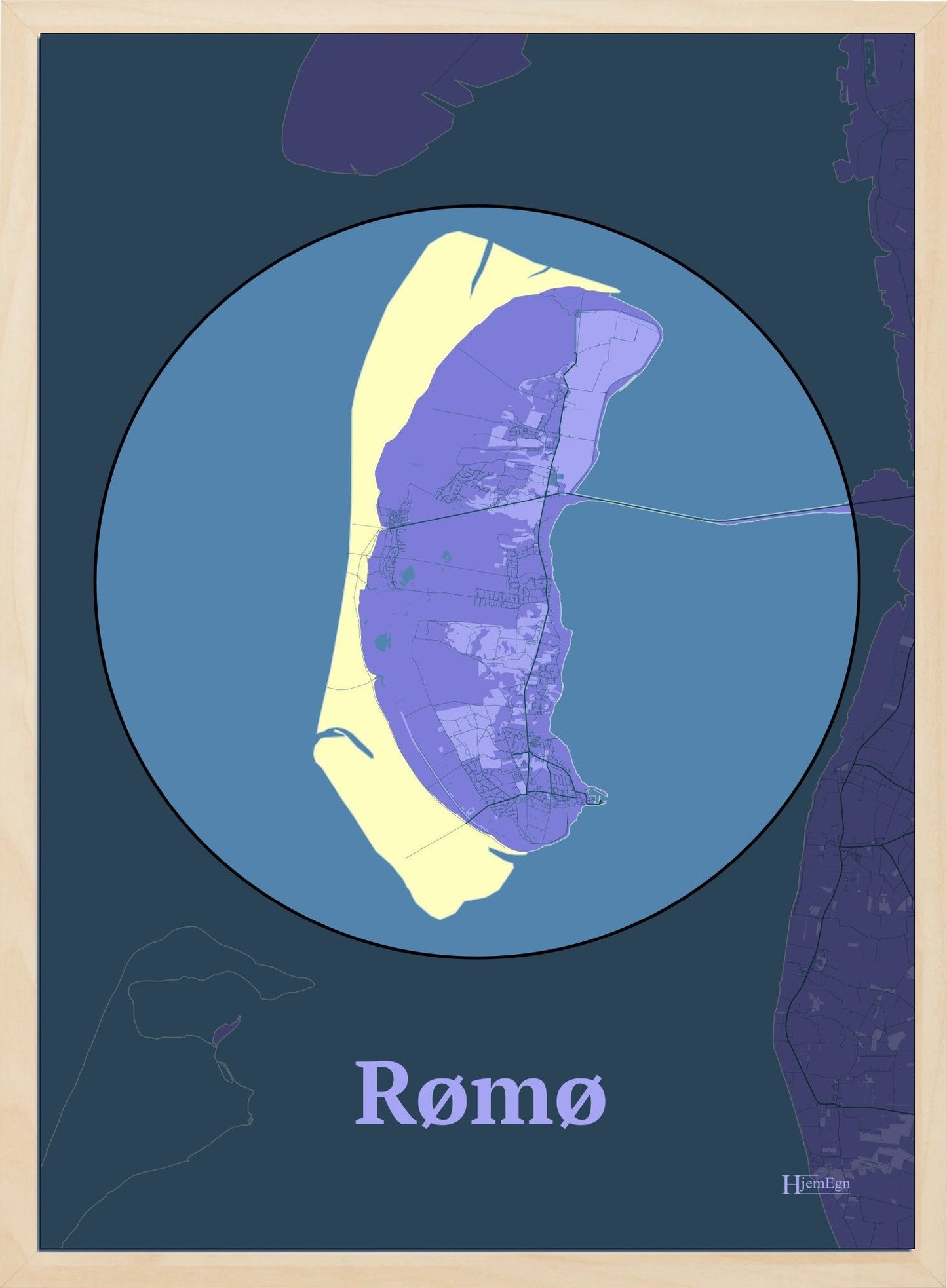 Rømø plakat i farve pastel lilla og HjemEgn.dk design centrum. Design ø-kort for Rømø