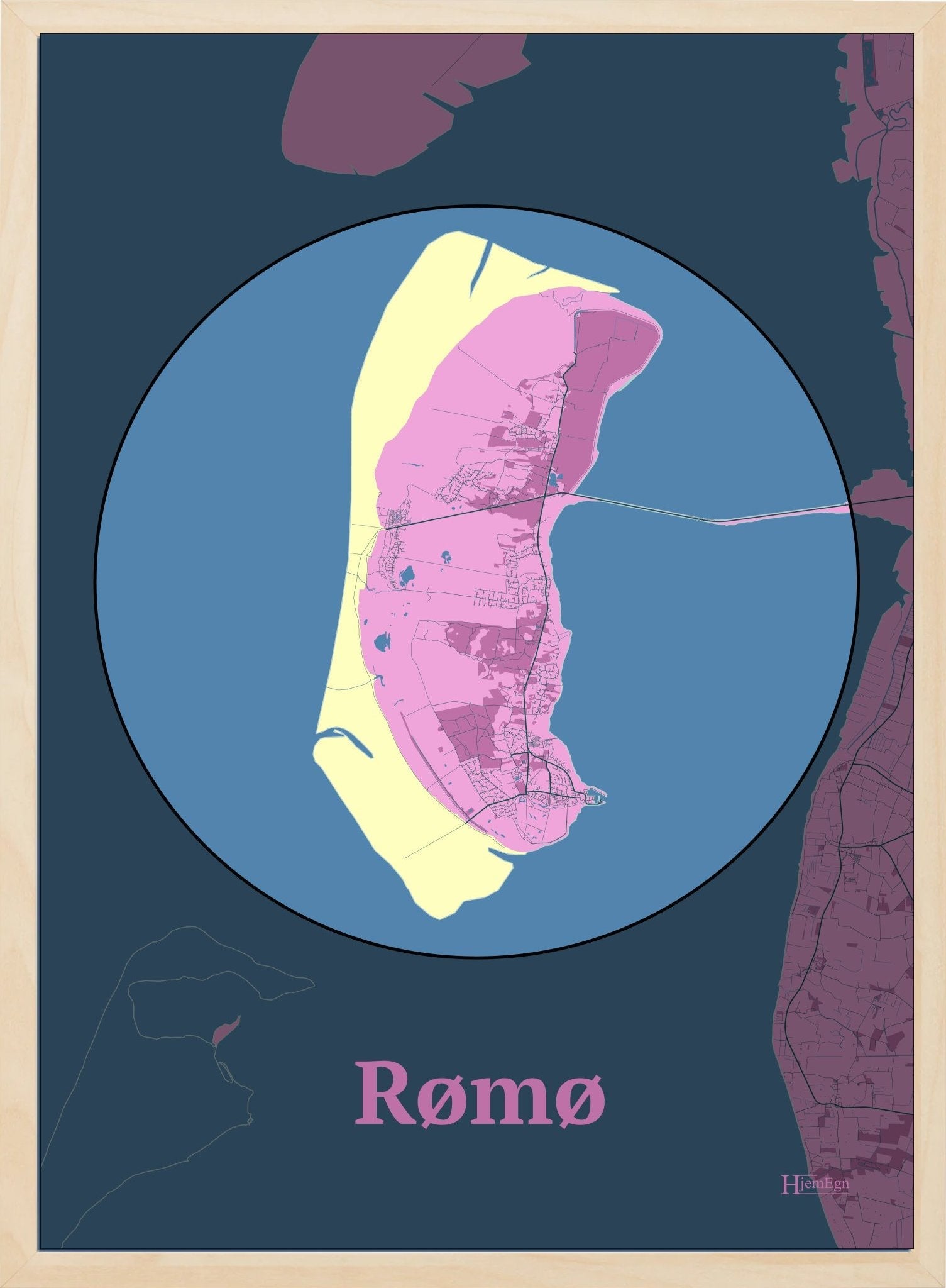 Rømø plakat i farve pastel rød og HjemEgn.dk design centrum. Design ø-kort for Rømø