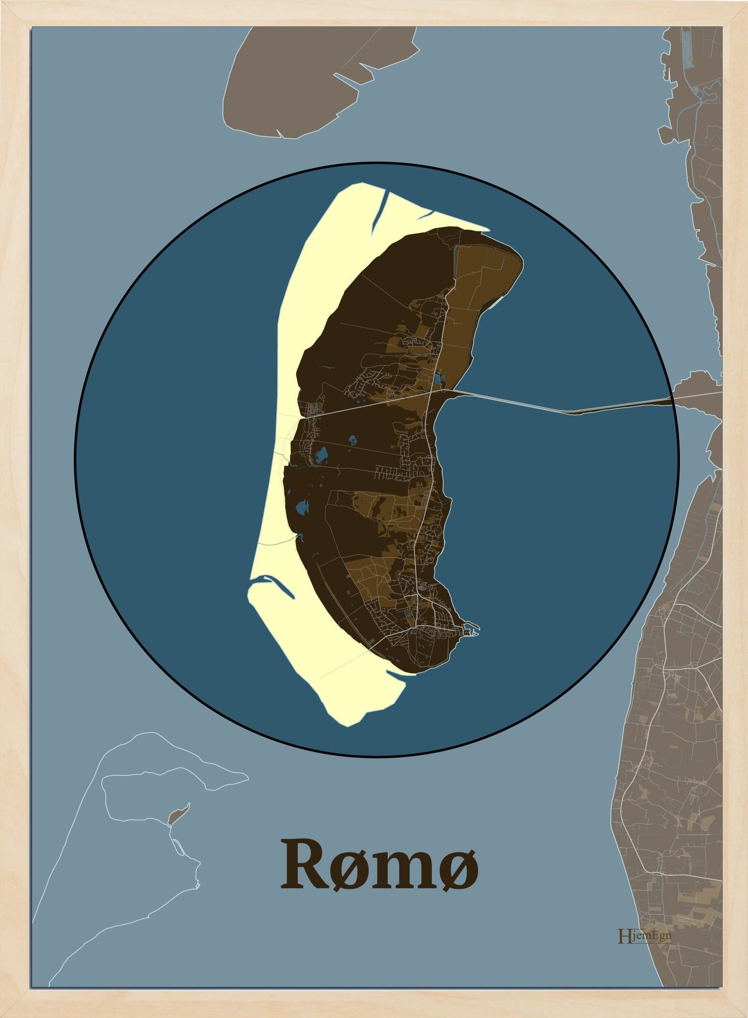 Rømø plakat i farve mørk brun og HjemEgn.dk design centrum. Design ø-kort for Rømø