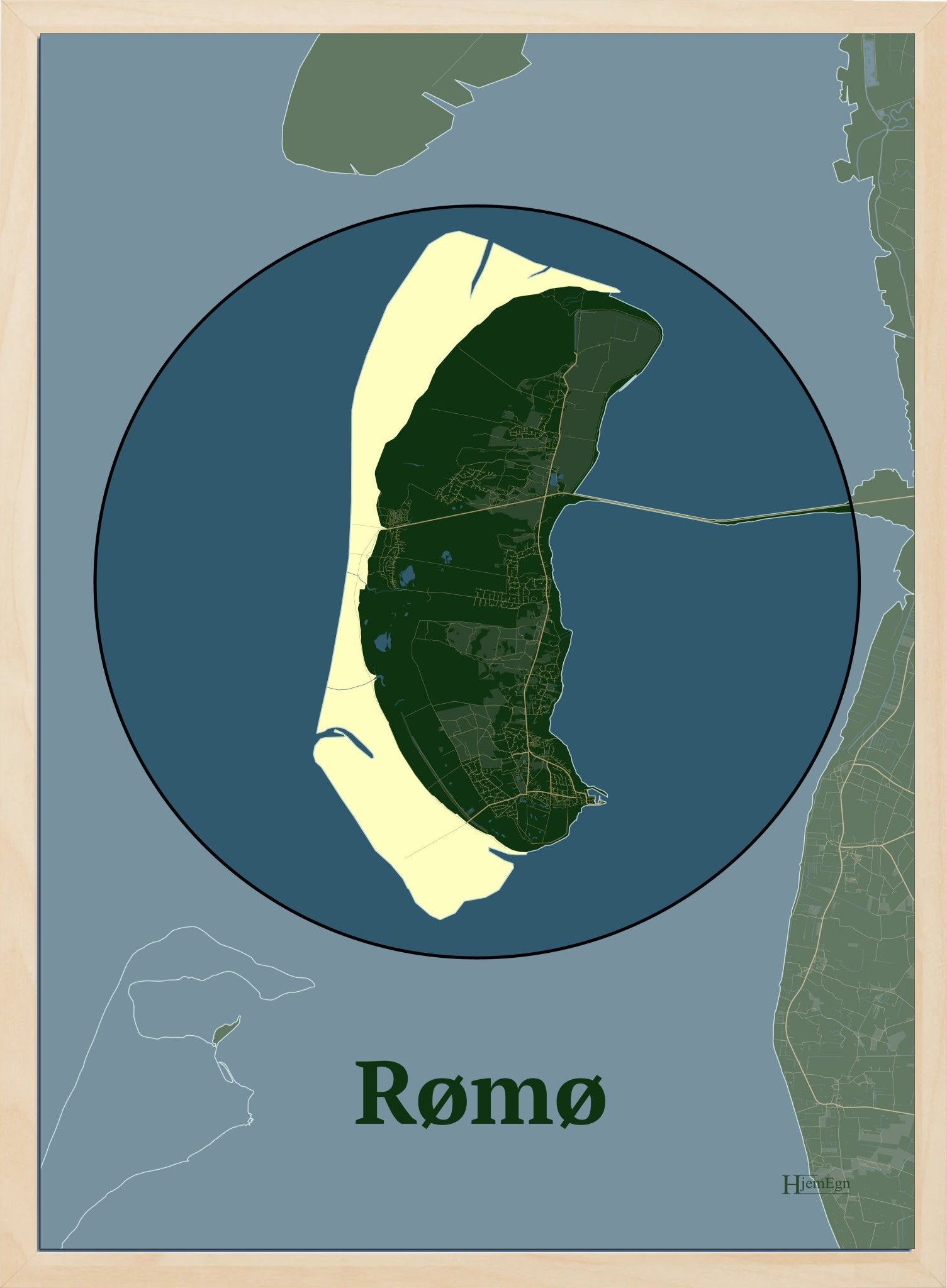 Rømø plakat i farve mørk grøn og HjemEgn.dk design centrum. Design ø-kort for Rømø